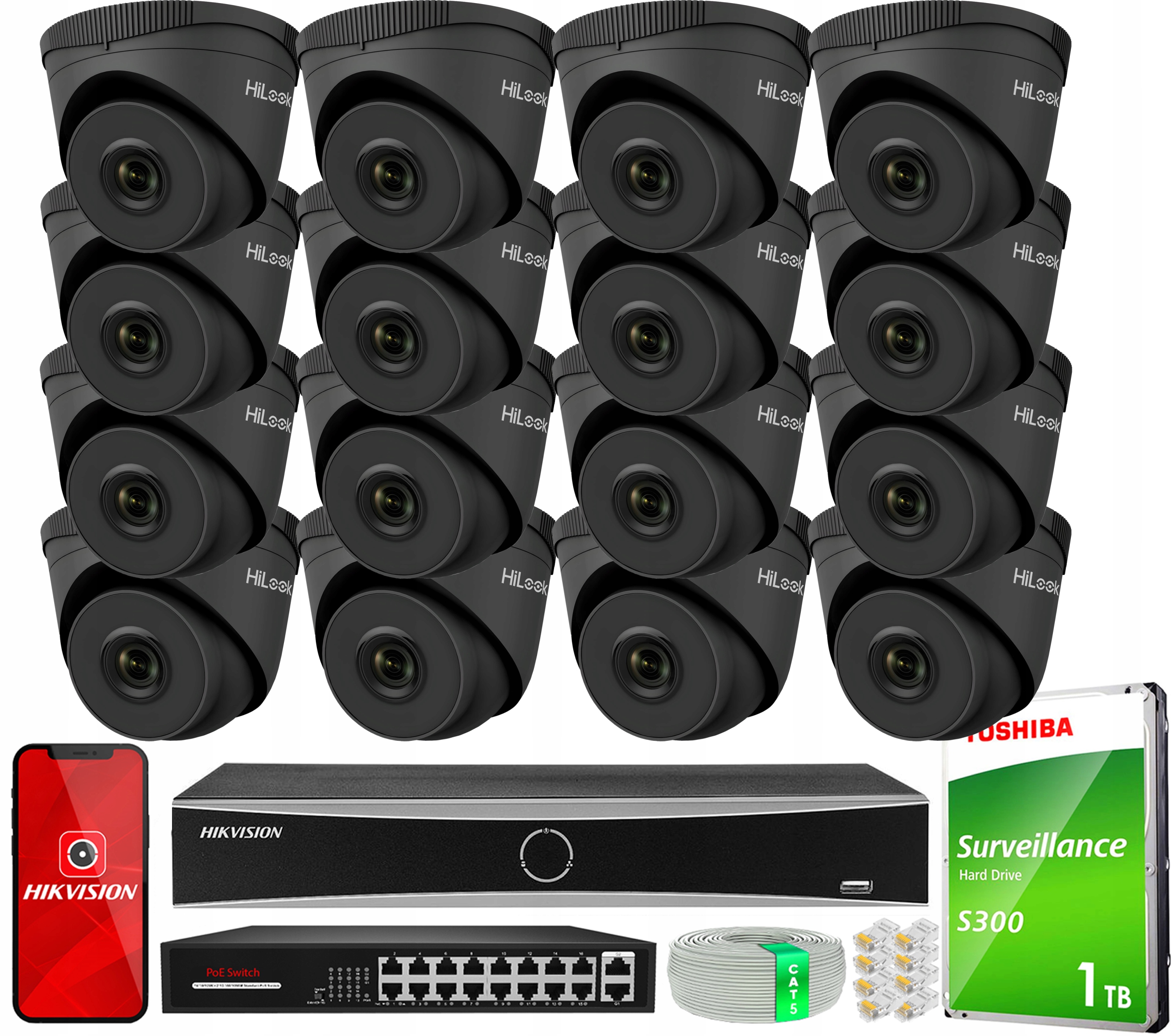 Sada na monitorovanie Ip 16 kamier IPCAM-T5 Black 5MPx 3K HiLook od spoločnosti Hikvision