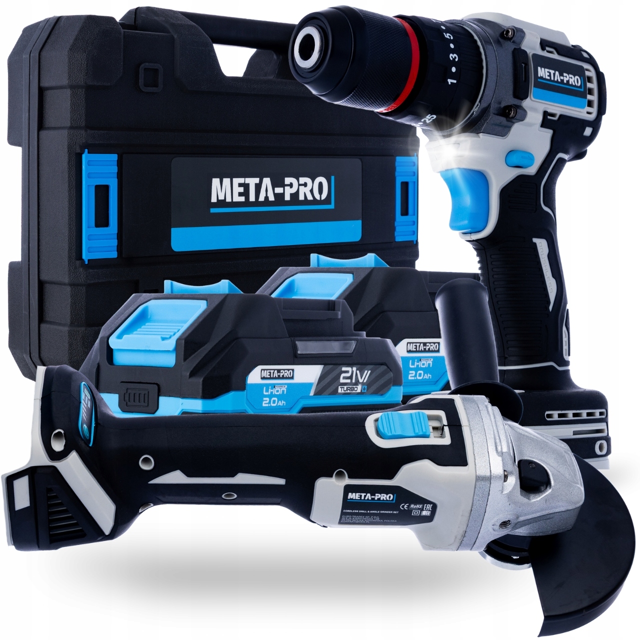 Zestaw Wiertarko Wkrętarka Szlifierka 21V 2 Ah Meta-pro