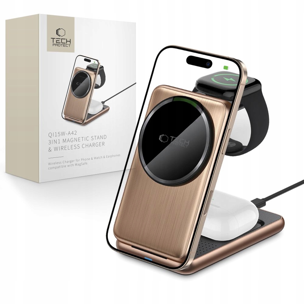 Tech-Protect A42 3in1 bezdrátová nabíječka na mobil Apple Watch, zlatá