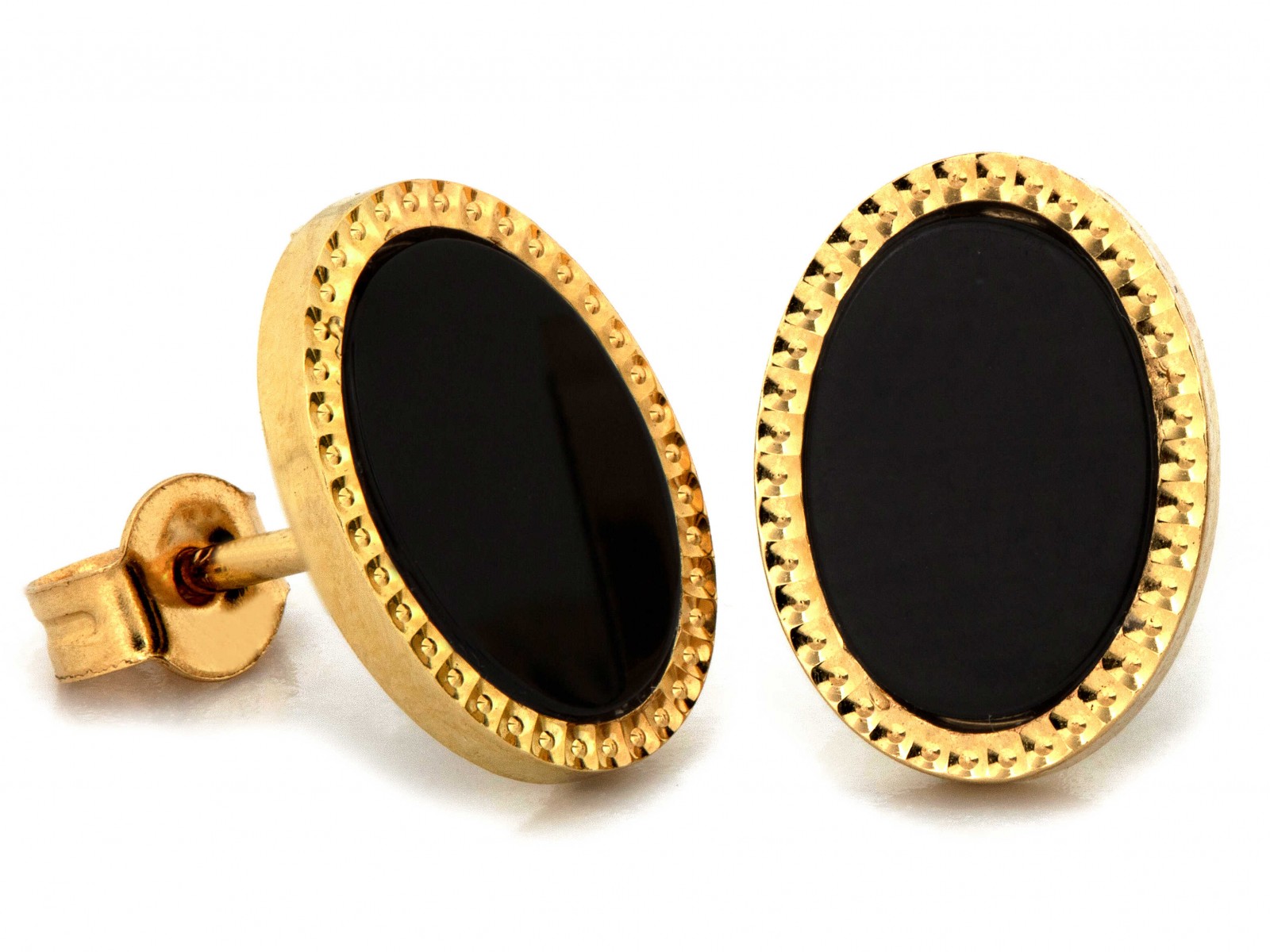 Zlaté náušnice oválné s černým syntetickým kamenem 585 14k, hmotnost 2.03 g