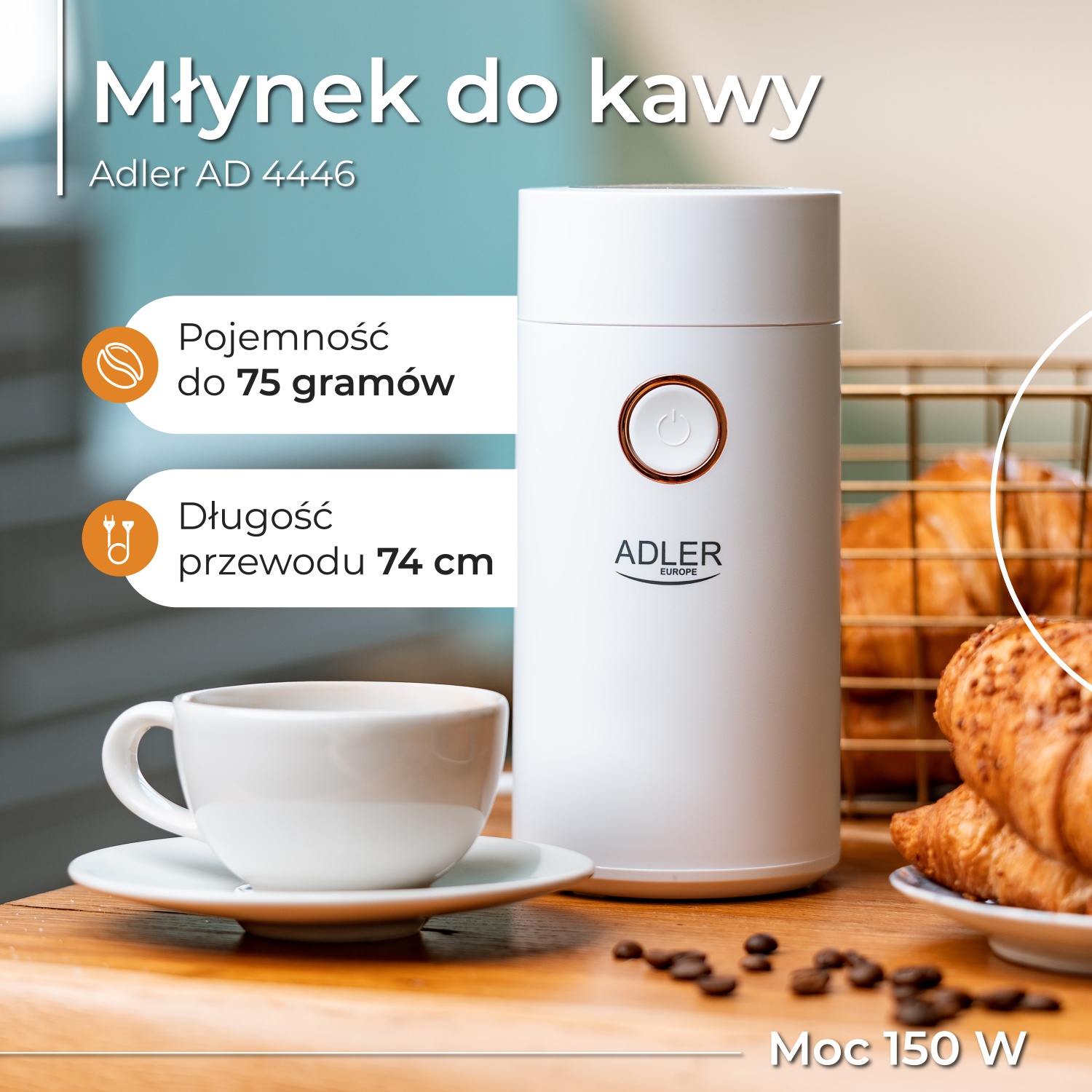 Młynek do kawy Adler AD 4446 White Gold 150W Metalowy Pojemnik