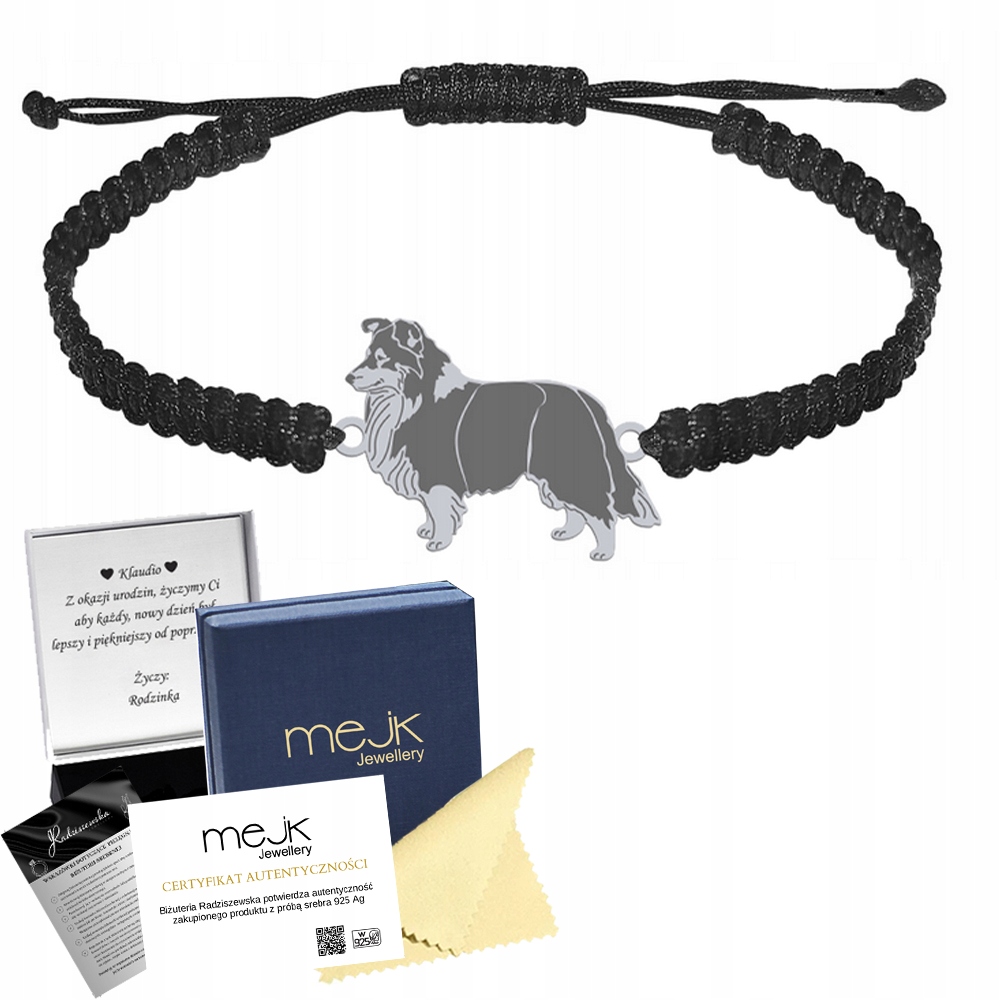 Stříbrný náramek s Shetlandským ovčákem 925 Makramé jako dárek k Gravírování