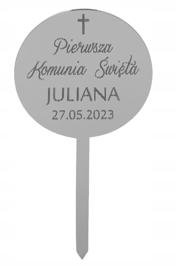 

Topper srebrny z imieniem i datą na Komunię Świętą