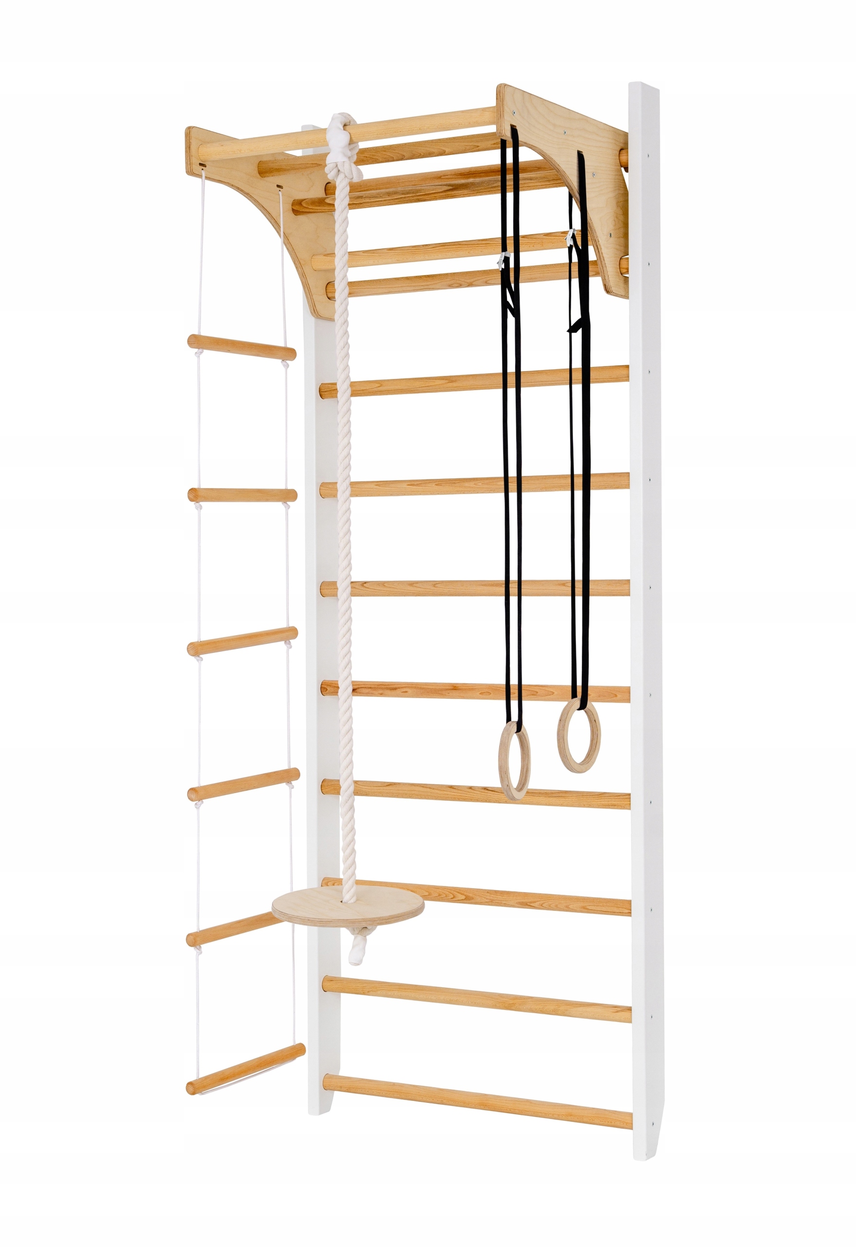 Dřevěný korekční gymnastický žebřík s houpačkou, lanem a kolečky, 240 cm