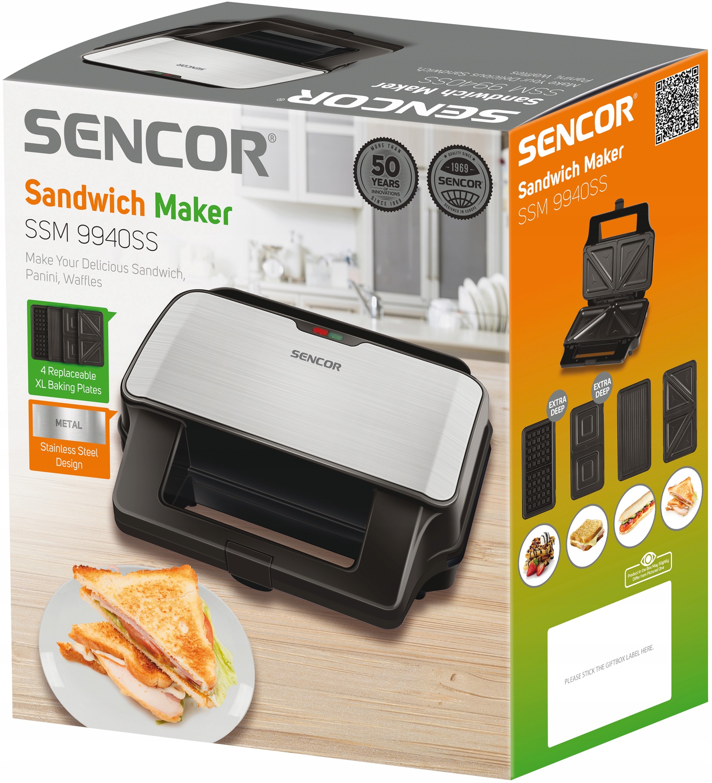 Opiekacz toster do kanapek Sencor 4w1 900W Srebrny Głębokość produktu 26 cm