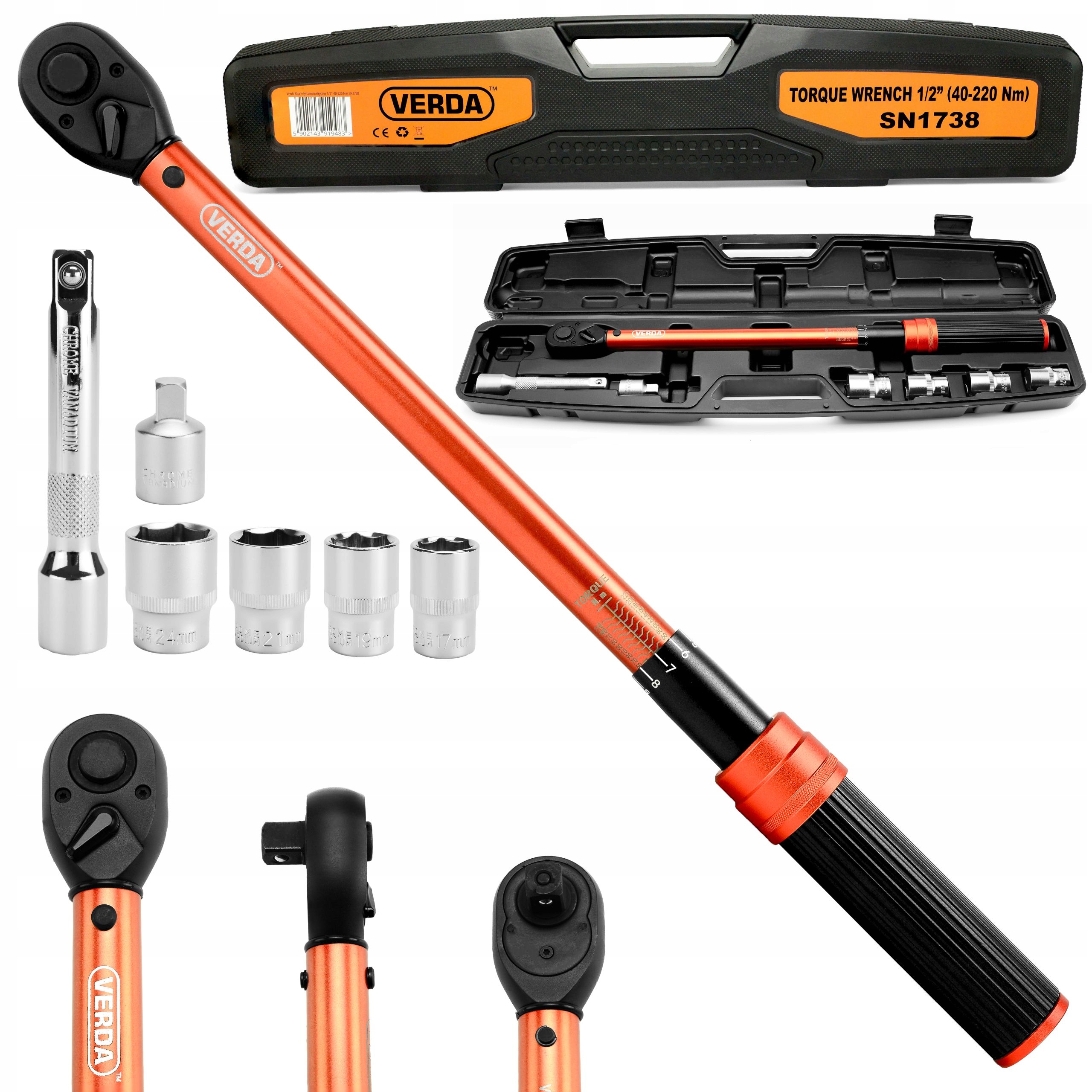 Klucz Dynamometryczny Do Kół 1/2" 40-220Nm 4 Nasadki 17,19,21,24mm Walizka
