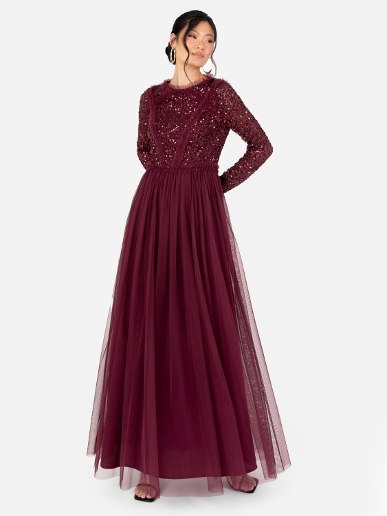 Maya Deluxe Bordó Šaty S Flitry A Tylem 48 6EA