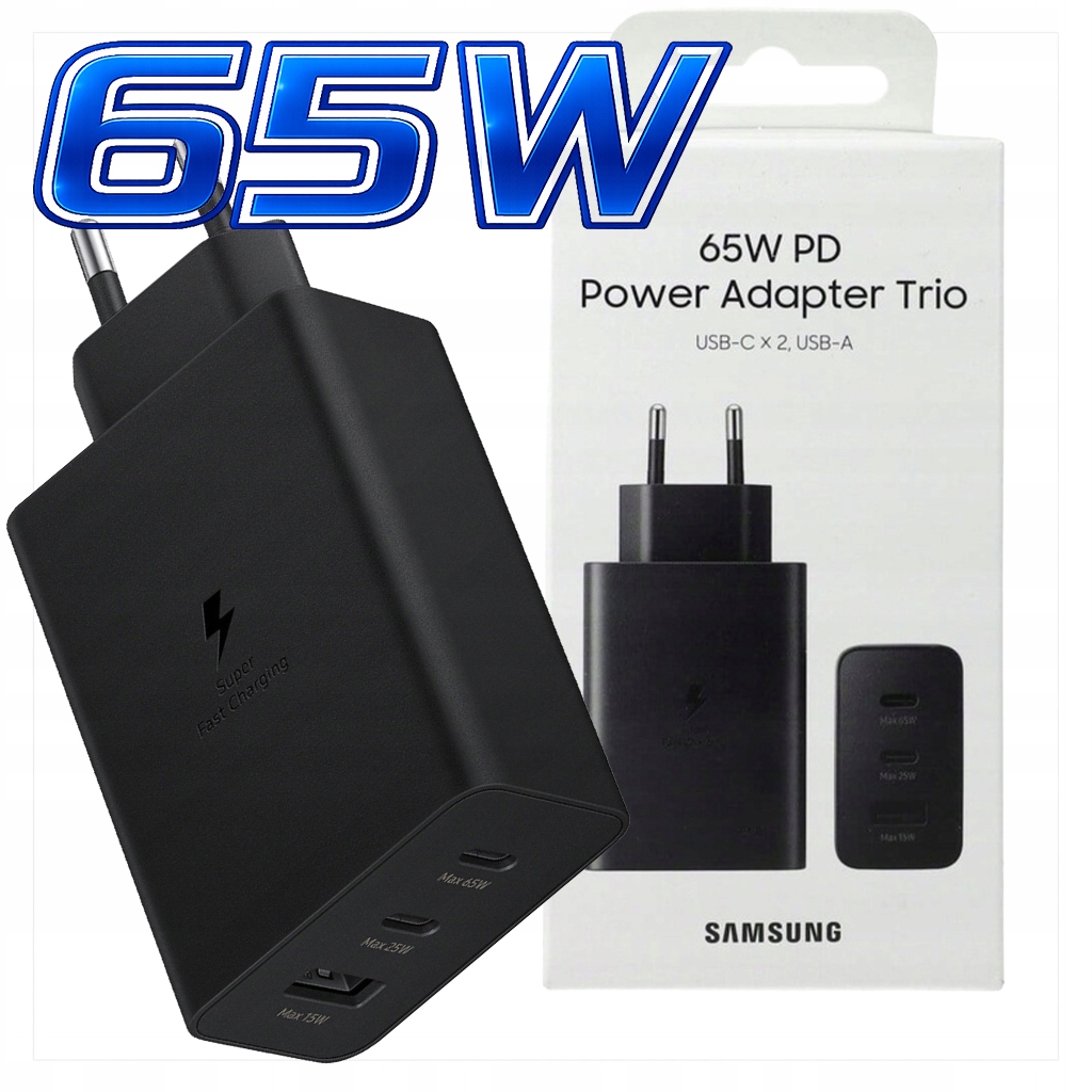 65W Ładowarka Samsung 3x porty Szybkie Ładowanie Czarna