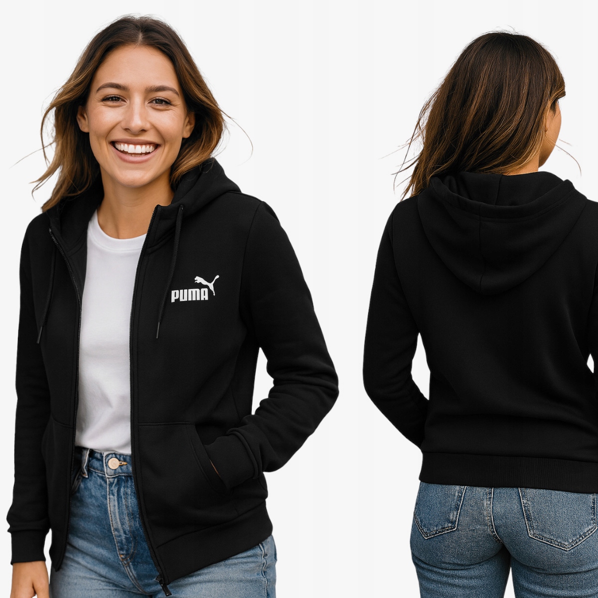 Bluza Puma Damska Małe Logo Rozpinana Ocieplana Czarna Dresowa Kaptur Xs