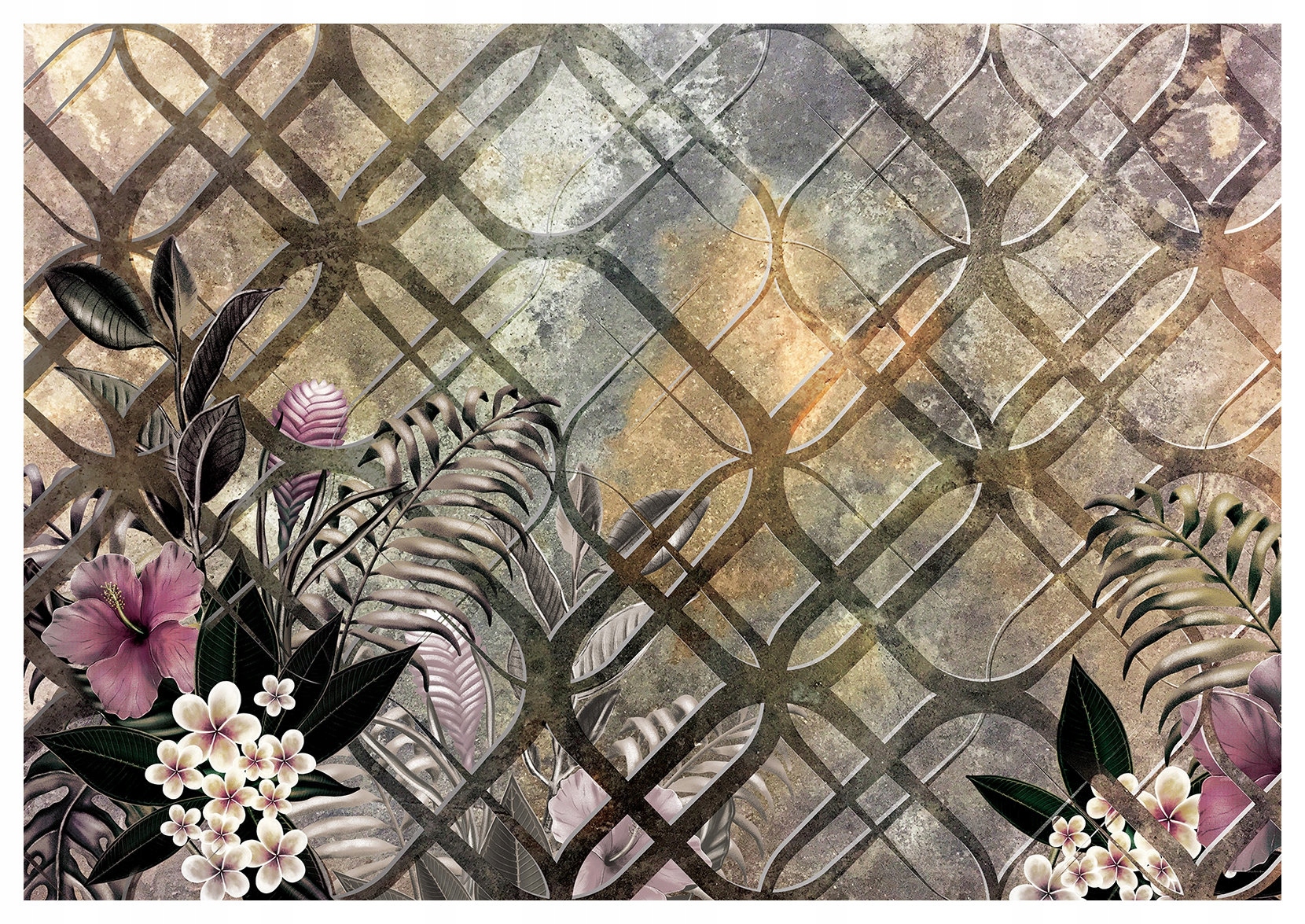 Vliesová fototapeta Romby Tropické listy Květy Béžová 250x175 lepidlo