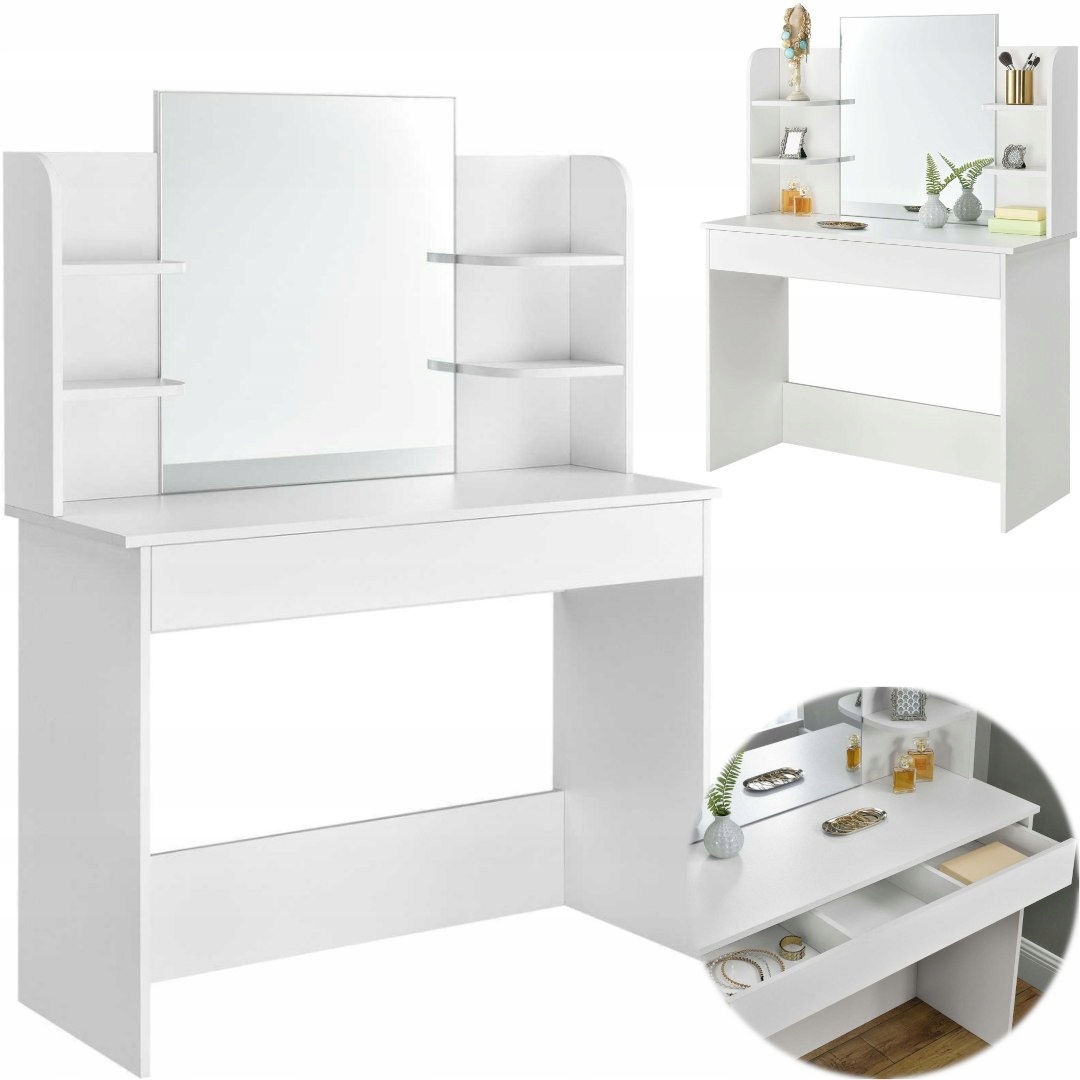 TOALETKA KOSMETYCZNA BIAŁA DUŻE LUSTRO PÓŁKI SZUFL