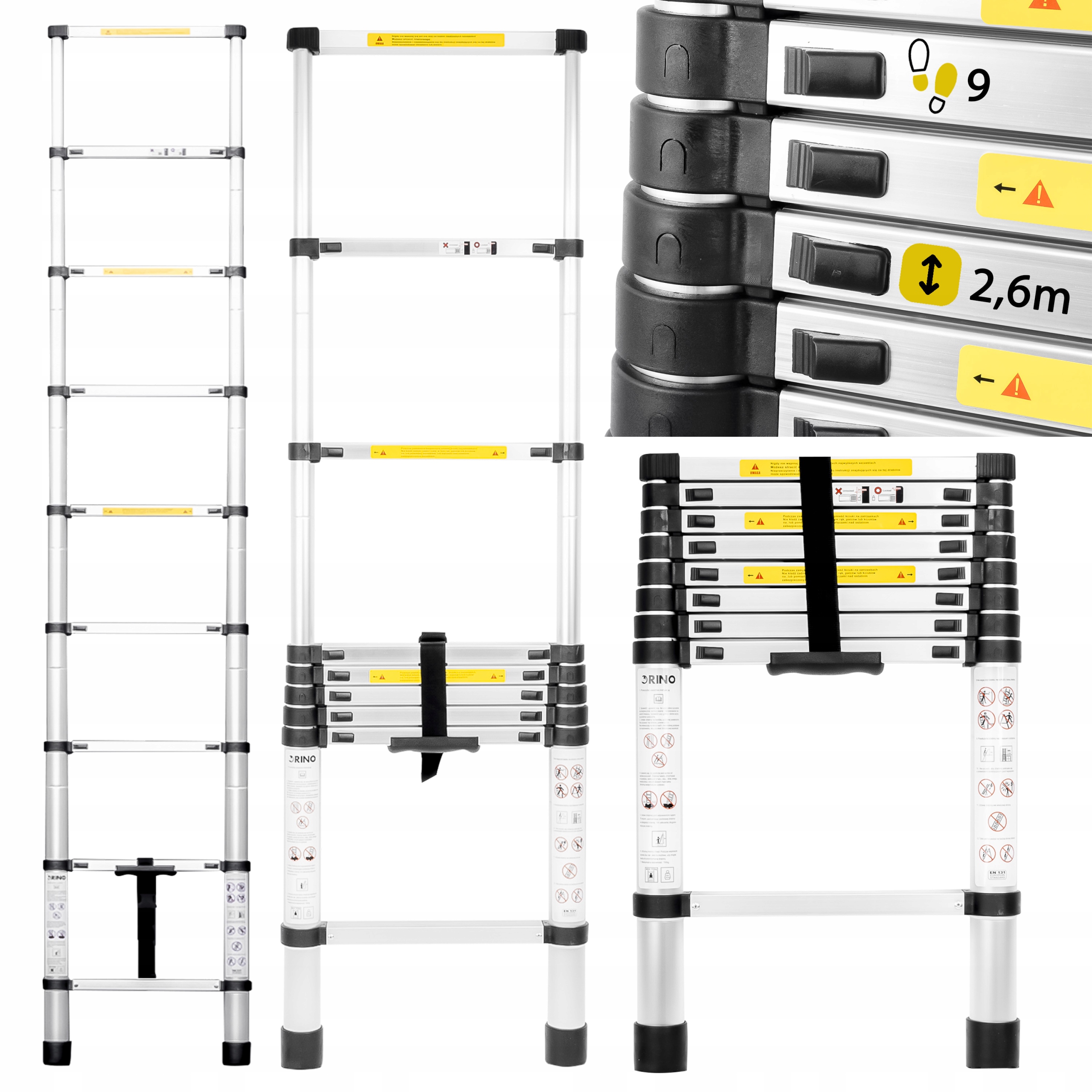 Teleskopická Rebríková Lišta 2,6M Aluminiová Skladacia Rino Príložná 150kg Ľahká
