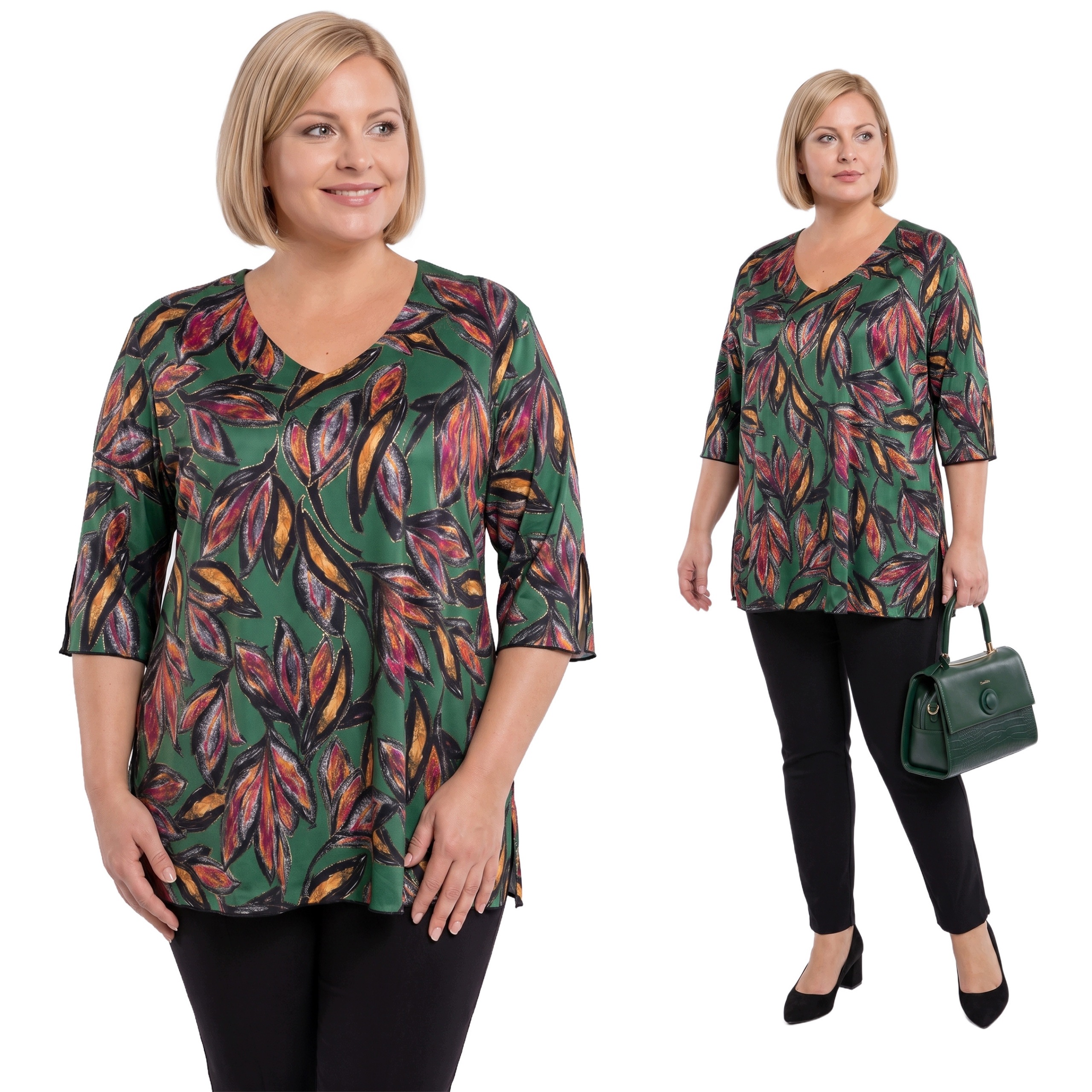 Zelená tunika s růžovo-žlutými květy plus size velikost 52/54