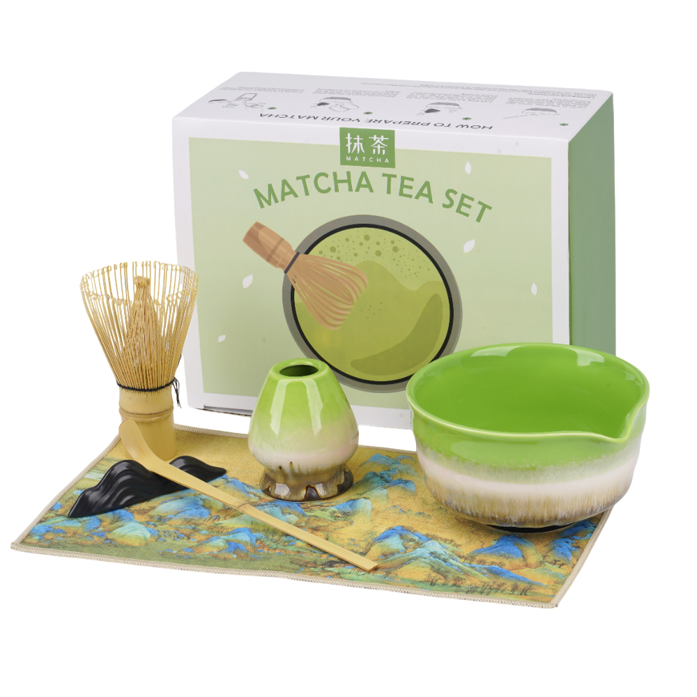 Levně Sada na přípravu čaje Bambus Keramika 6 el. Stojan Utěrka Zelená