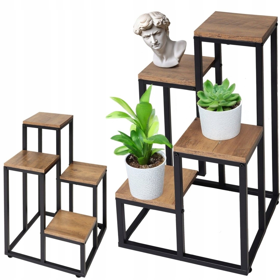 Stojanový květináč kovový patrový stojan na 4 květiny regál dub rustikální