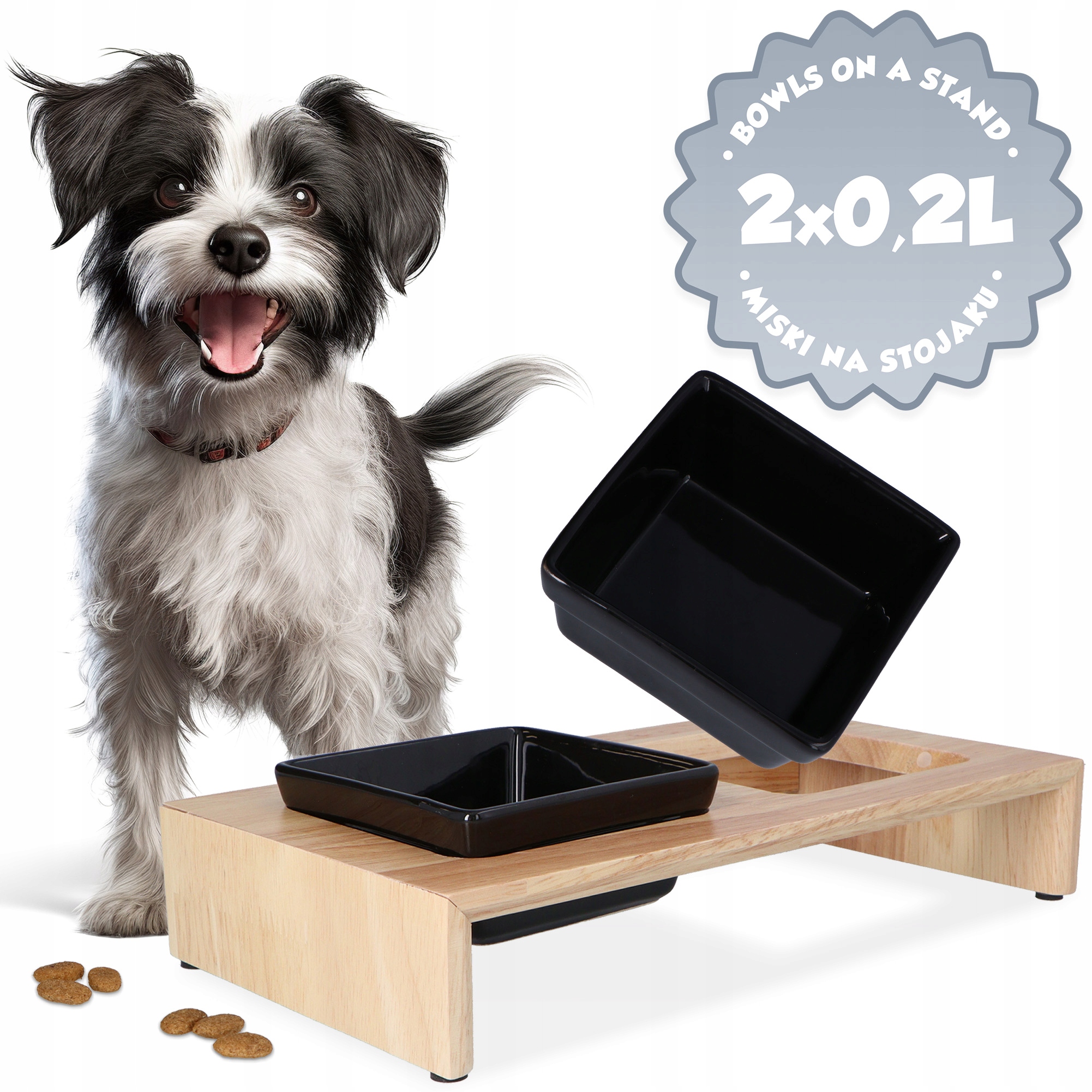 Levně Misky pro Psa a Kočku Keramické na Stojanu 2x0,2l Misky Dvojité Dřevěný Stojan 8K