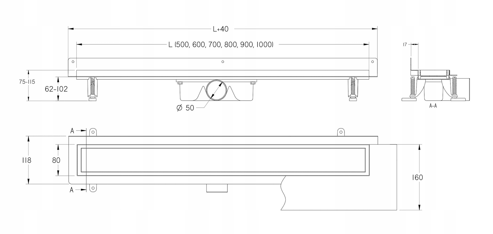 Odpływ liniowy PRZYŚCIENNY VOGI Duo pod płytkę 90 cm NISKI SYFON fi 50 stal Rodzaj liniowy
