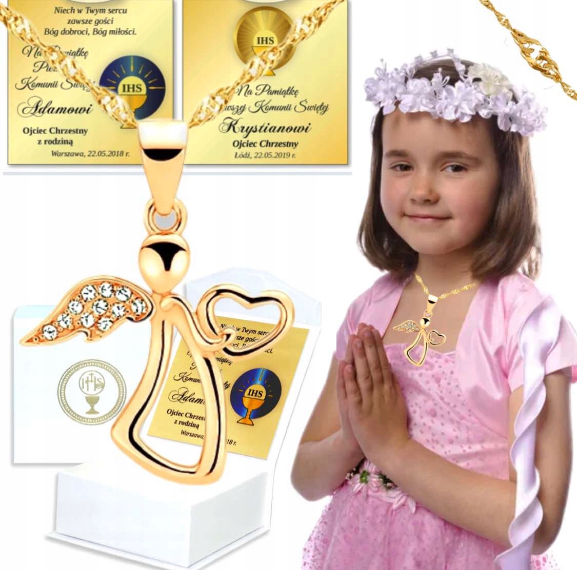 PREZENT NA PIERWSZĄ KOMUNIĘ ŚWIĘTĄ PAMIĄTKA KOMUNII ŚW ŁAŃCUSZEK ANIOŁEK
