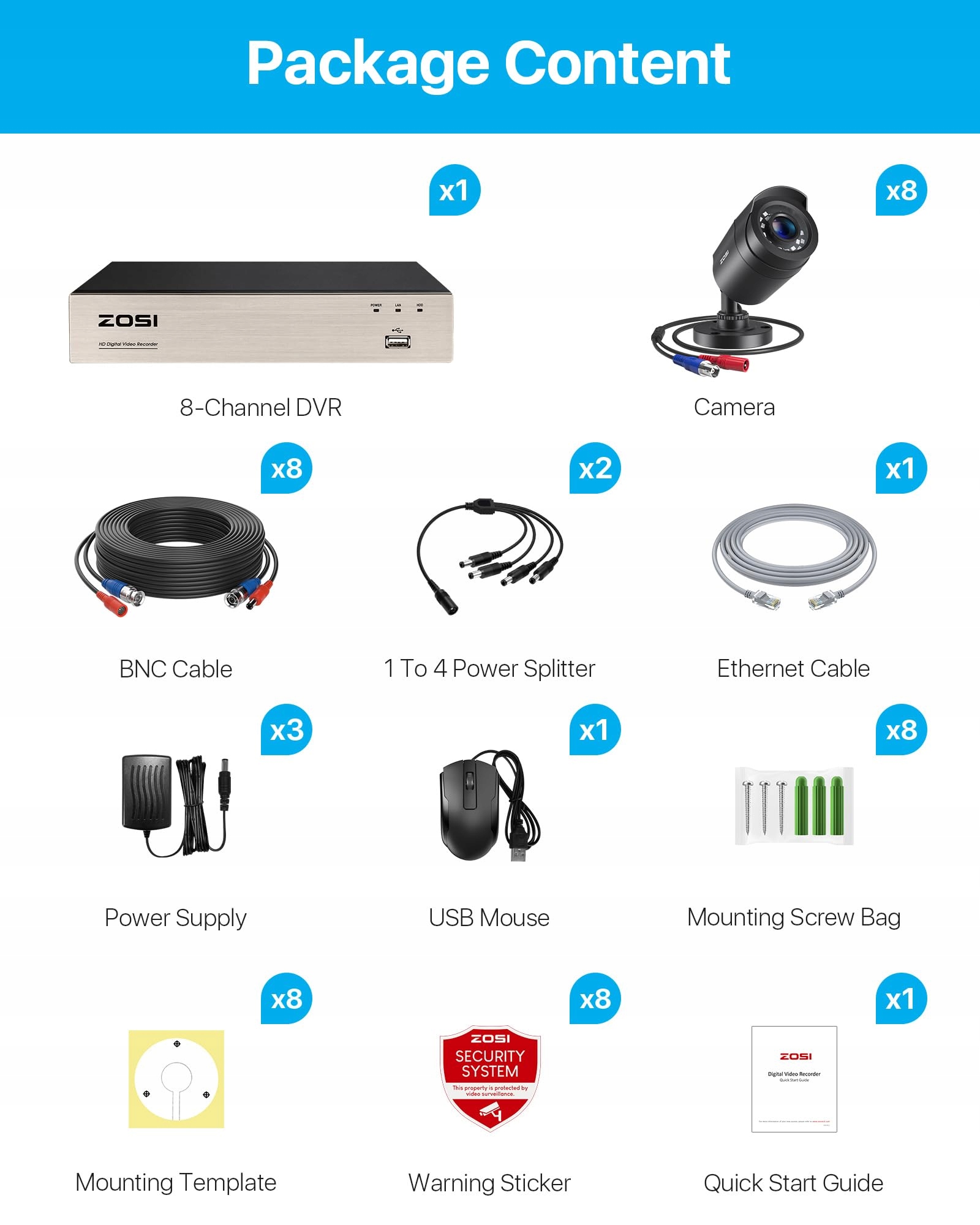 ZOSI 8CH 1080P System Kamer Monitoringu Bez Dysku Twardego 8X 2MP CCTV — miniatura 6