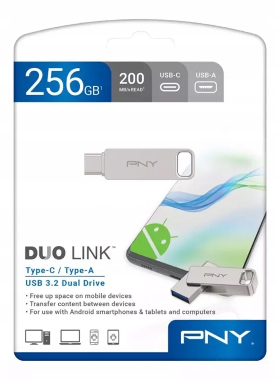 Dualny Pendrive Pny Duo Link 256GB 256 Gb Usb 3.1 Typ C, Usb 3.2 Metalowy