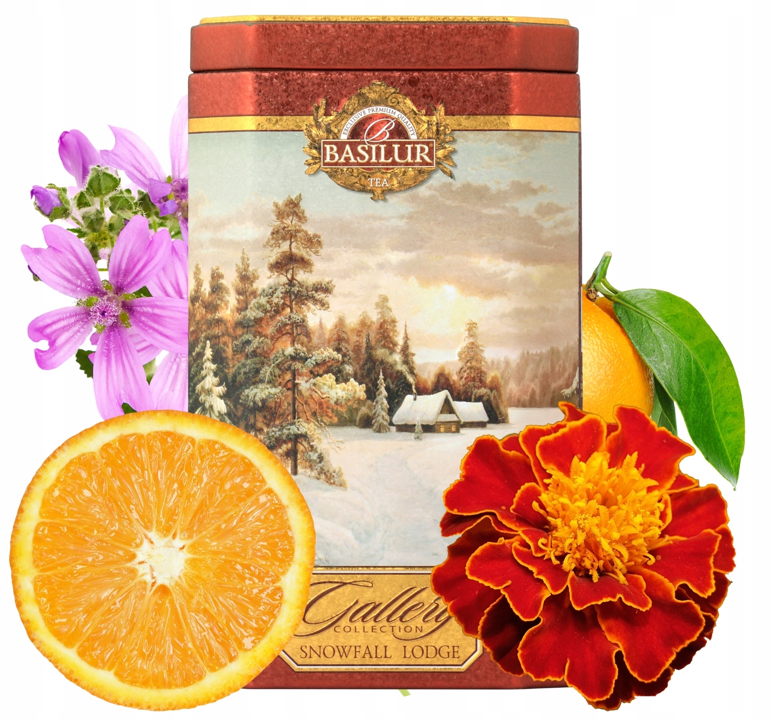 Basilur Gallery Snowfall Lodge čaj černý Pomeranč Malwa plechovka 100 g