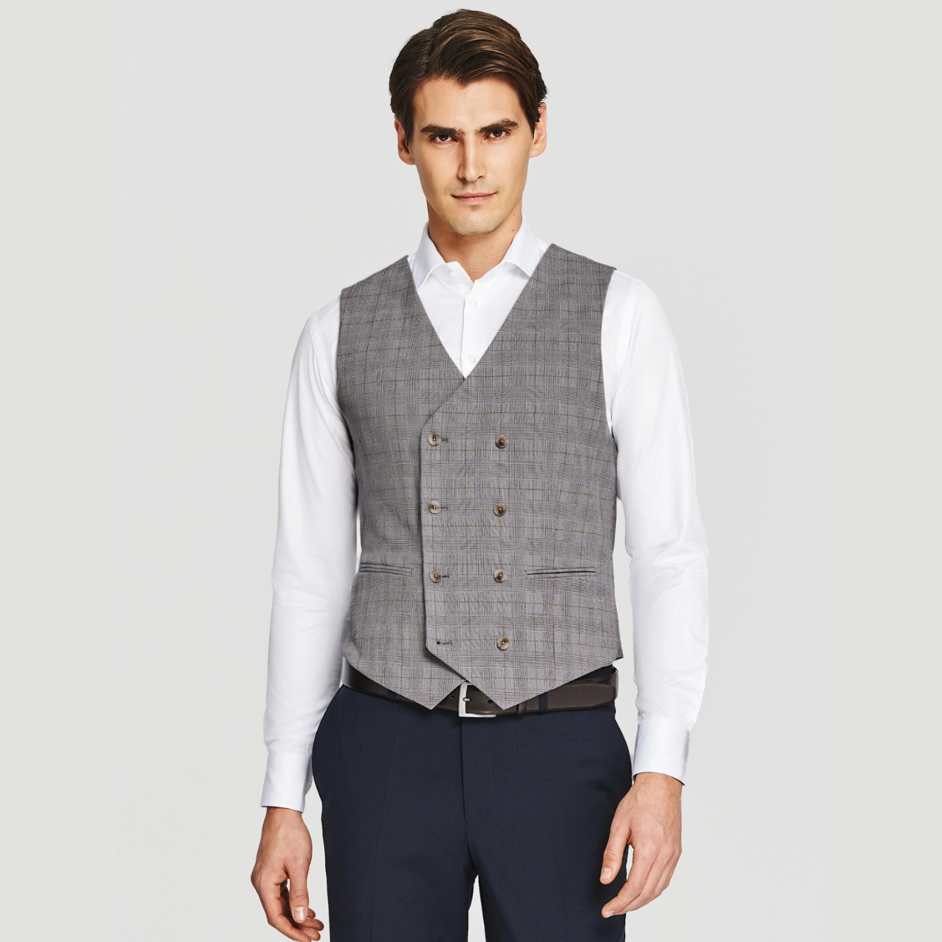 Dvouřadá šedá pánská vesta s kostkovaným vzorem Pako Lorente vel