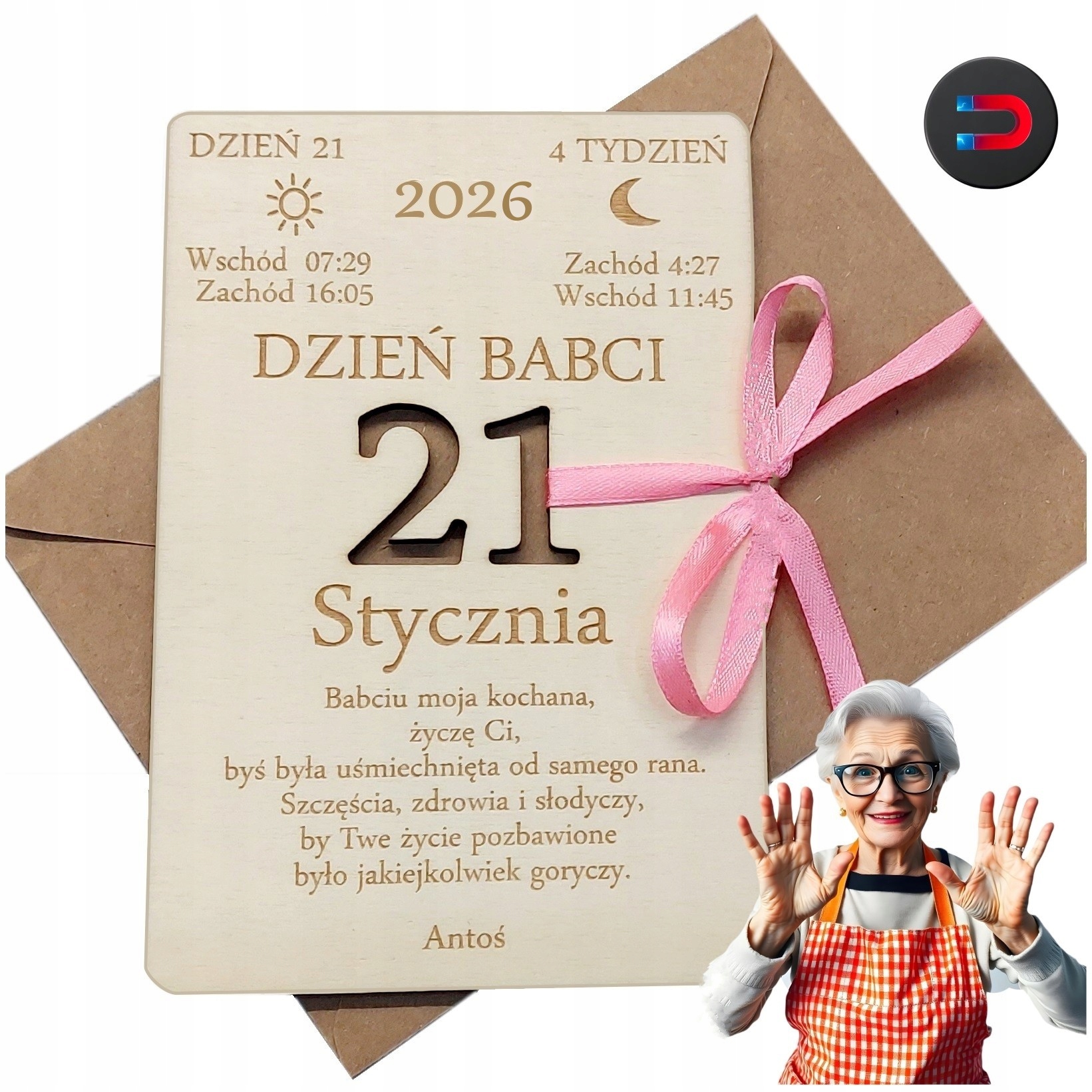 Dřevěná Kartička Z Kalendáře Dárek Ke Dni Babiček 2026 Gravírovaná Cedulka