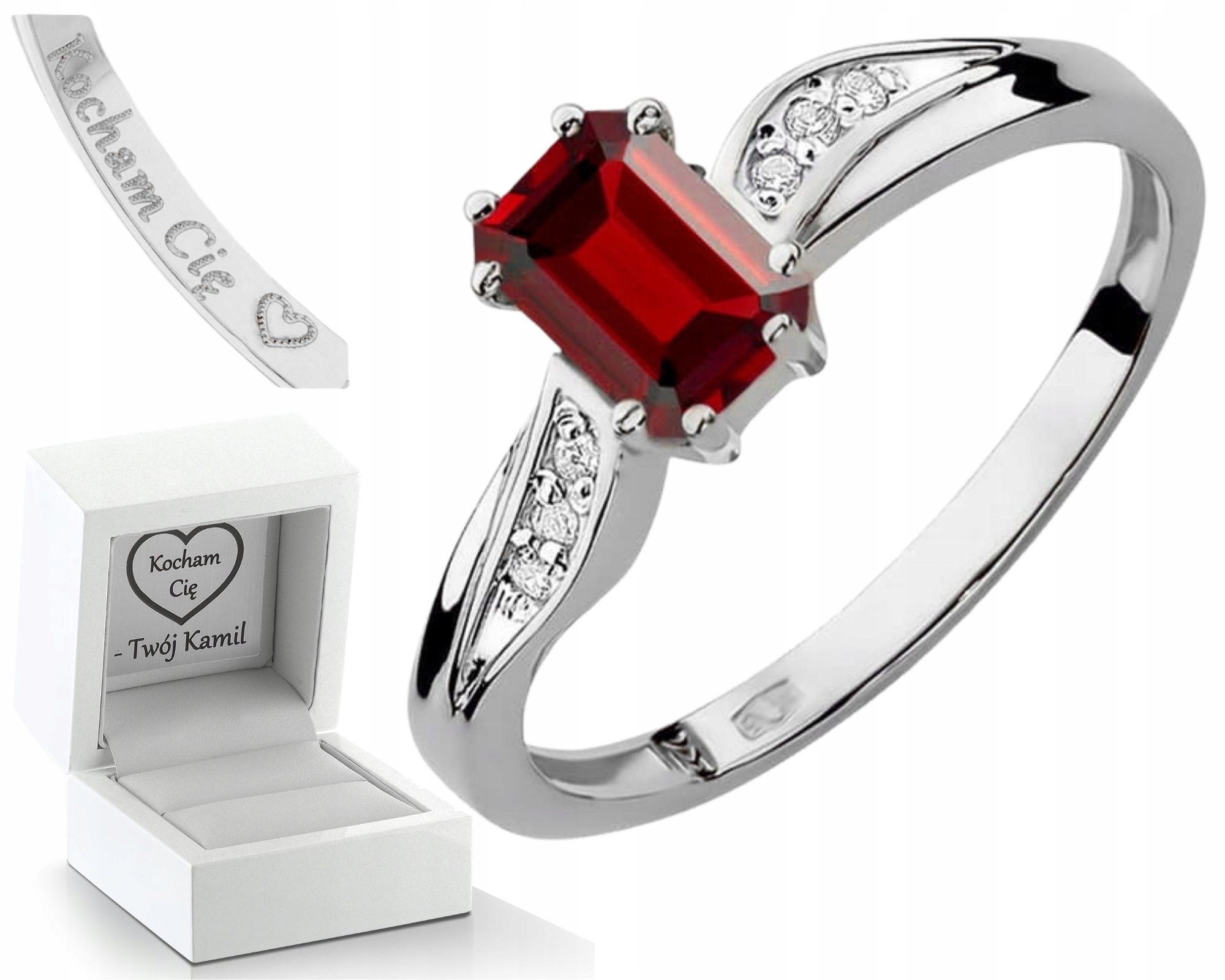 Prstýnek Z Bílého Zlata S Rubíny A Diamanty 585 14K Zlato Dárek Gravírování