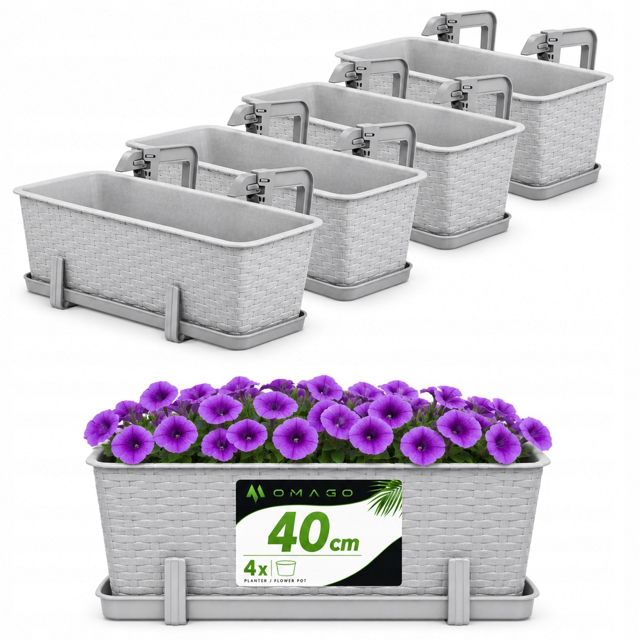 4 x Květináč Balkonový Truhlík 40 cm Úchytky Šedá Sada