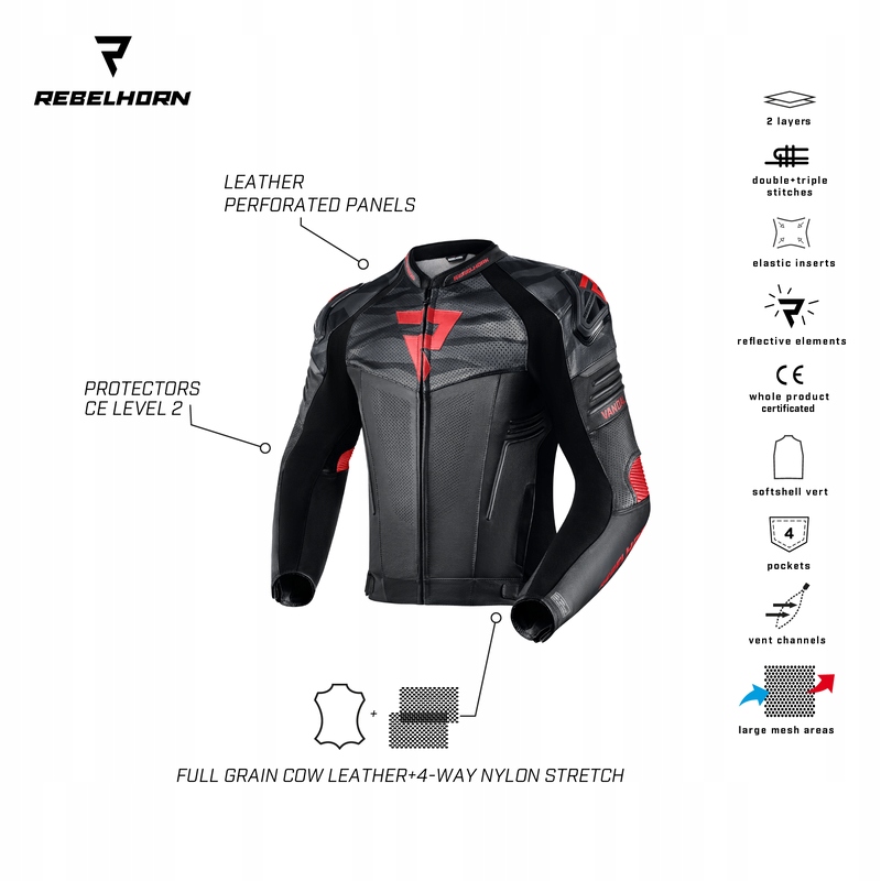 KURTKA SKÓRZANA REBELHORN VANDAL BLACK/FLO RED 54 Rozmiar 54