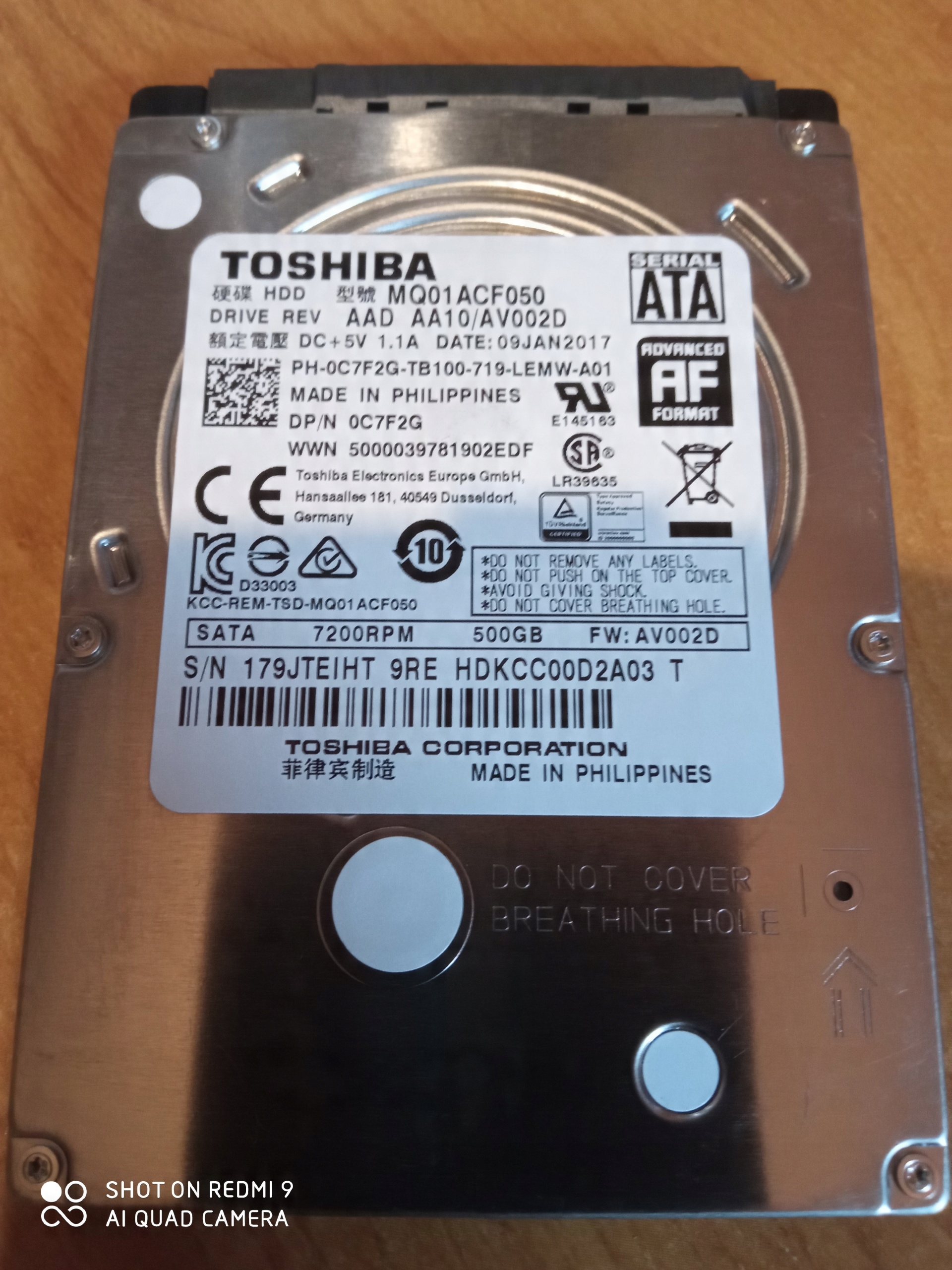 

Dysk Hdd Toshiba MQ01ACF050 500GB slim 7mm
