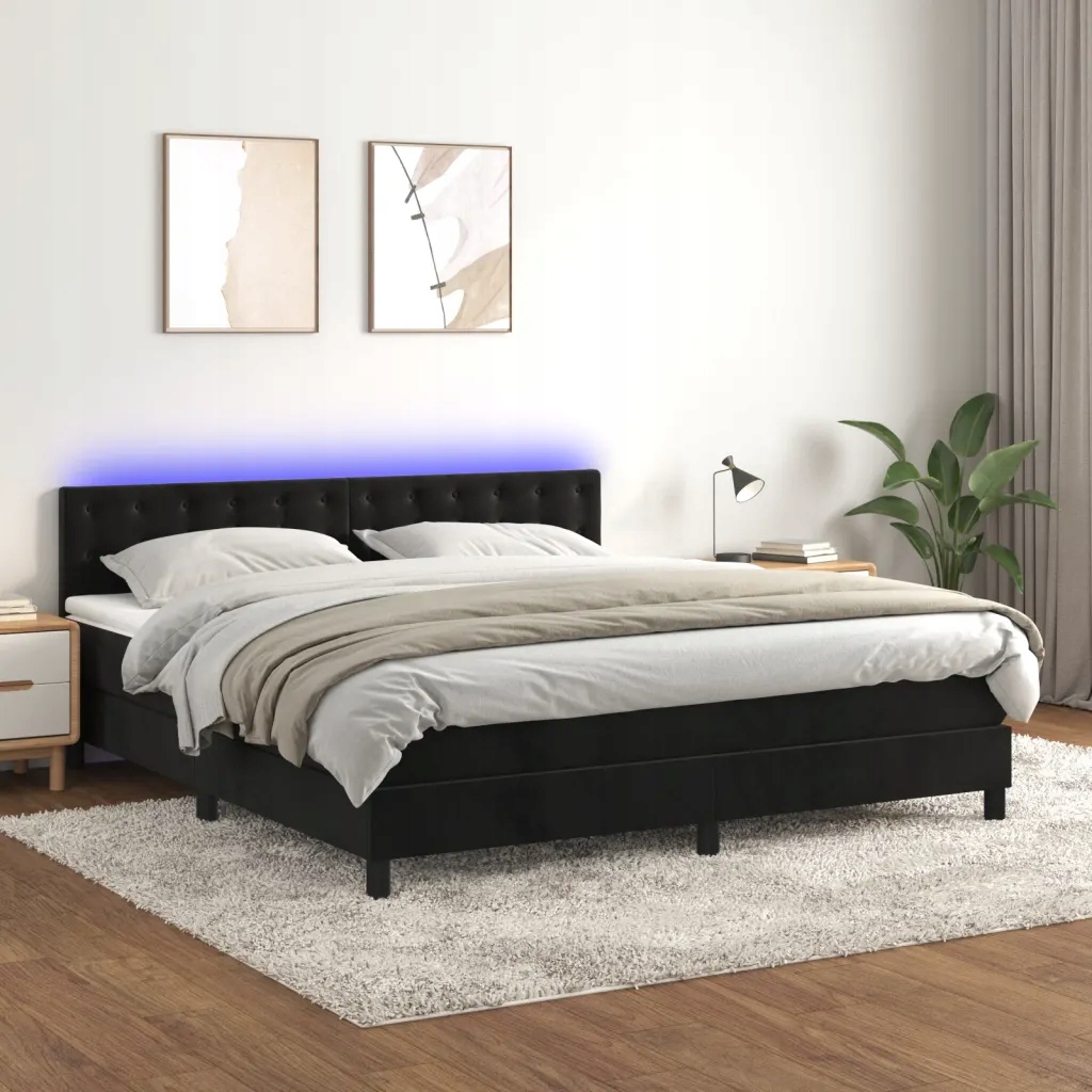Box spring postel s matrací a Led černá 160x200 cm samet Černý 3134653
