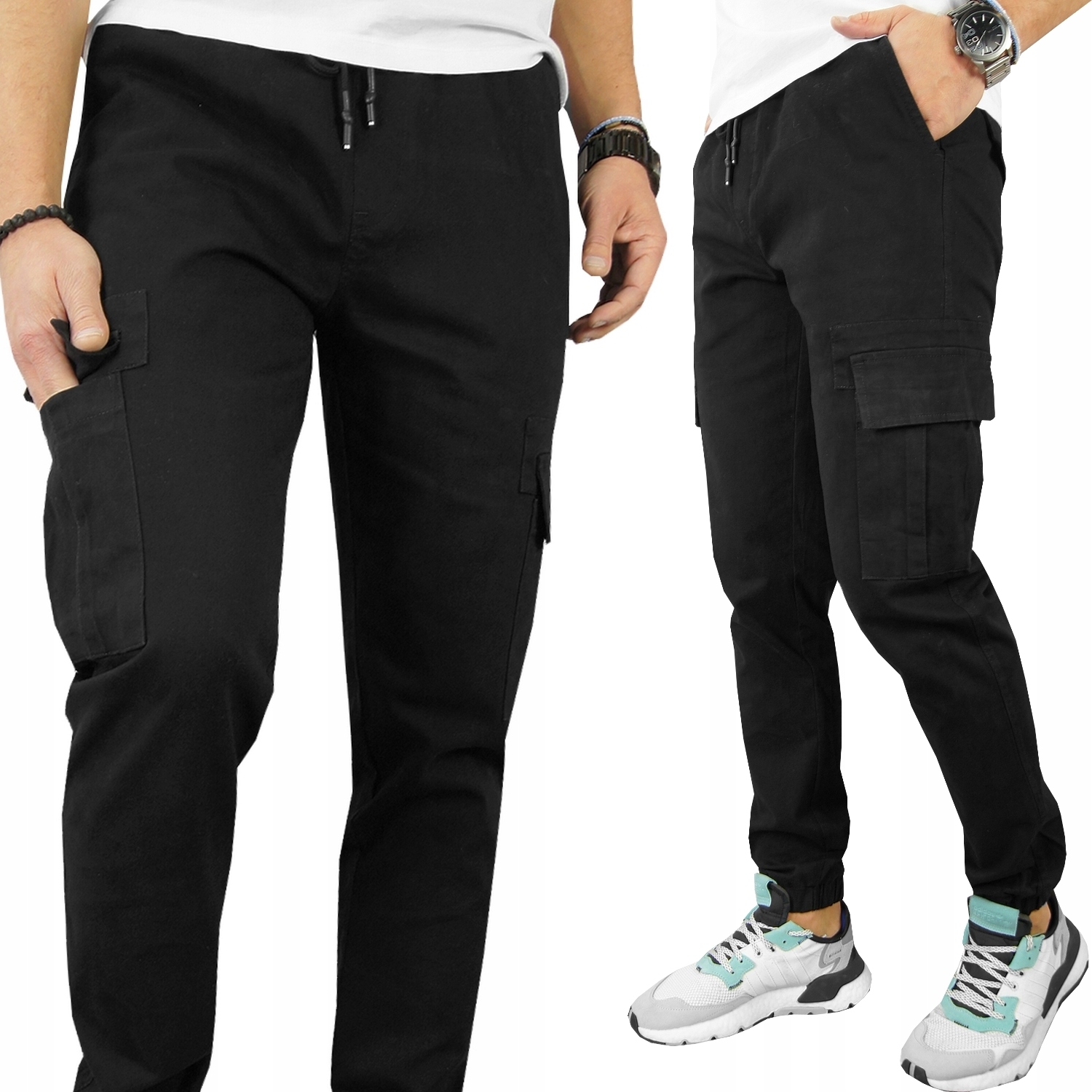 Męskie Spodnie czarne Bojówki z 6 Kieszeniami rozciągliwe Pas na Gumce M