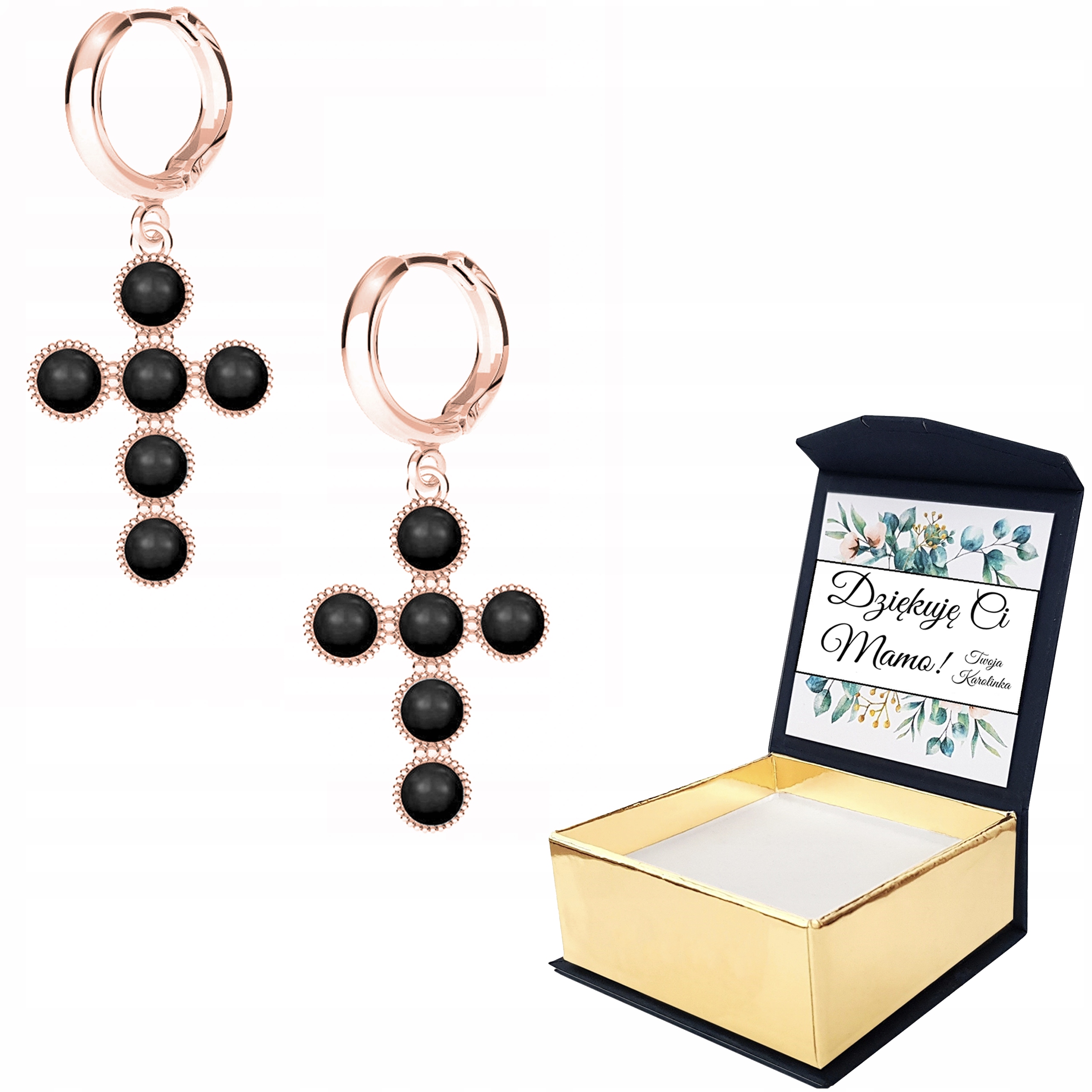 Náušnice růžové zlato Kříž Perly Vlastní Potisk