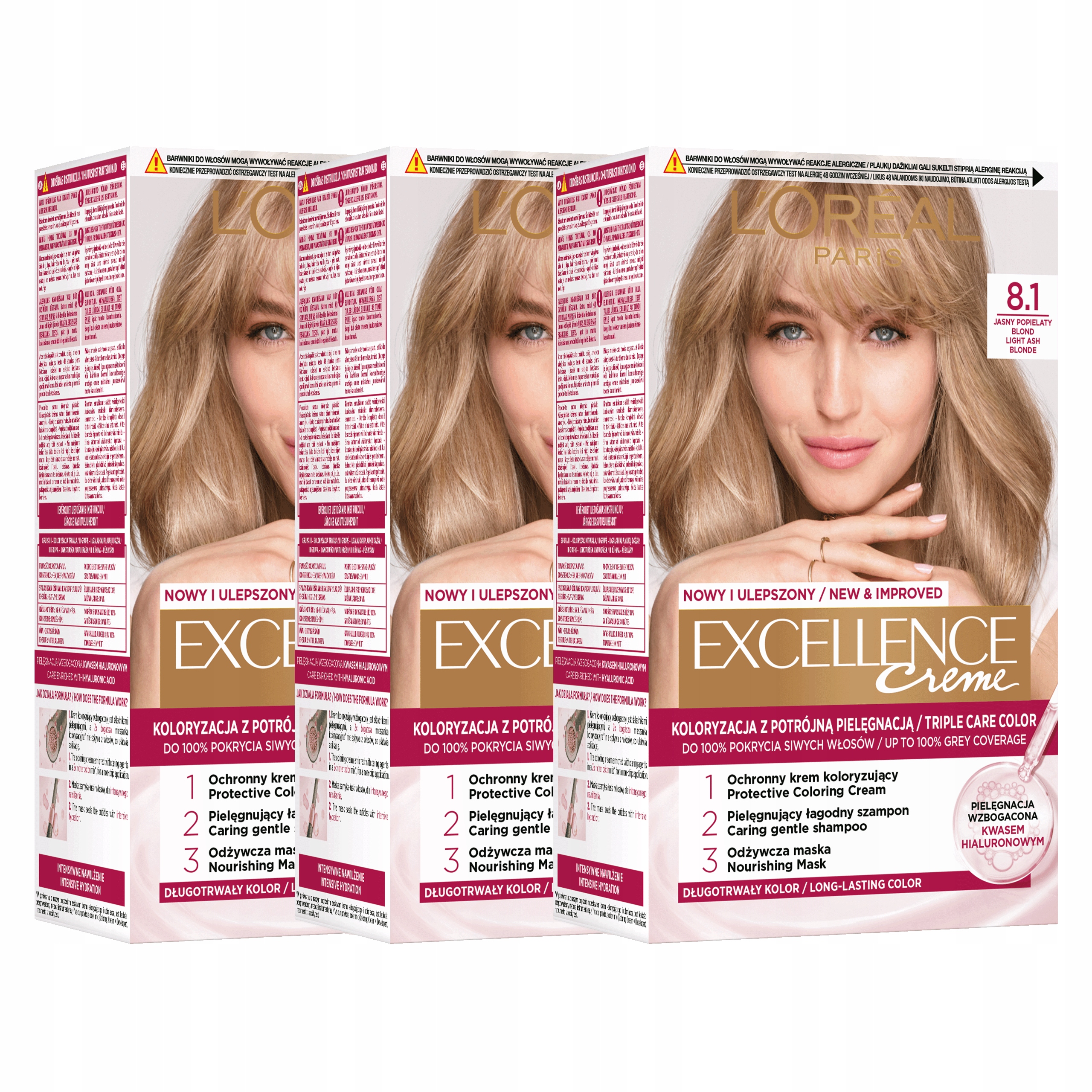 Zestaw 3x L'Oréal Excellence Creme Farba do Włosów 81 Jasny Popielaty Blond