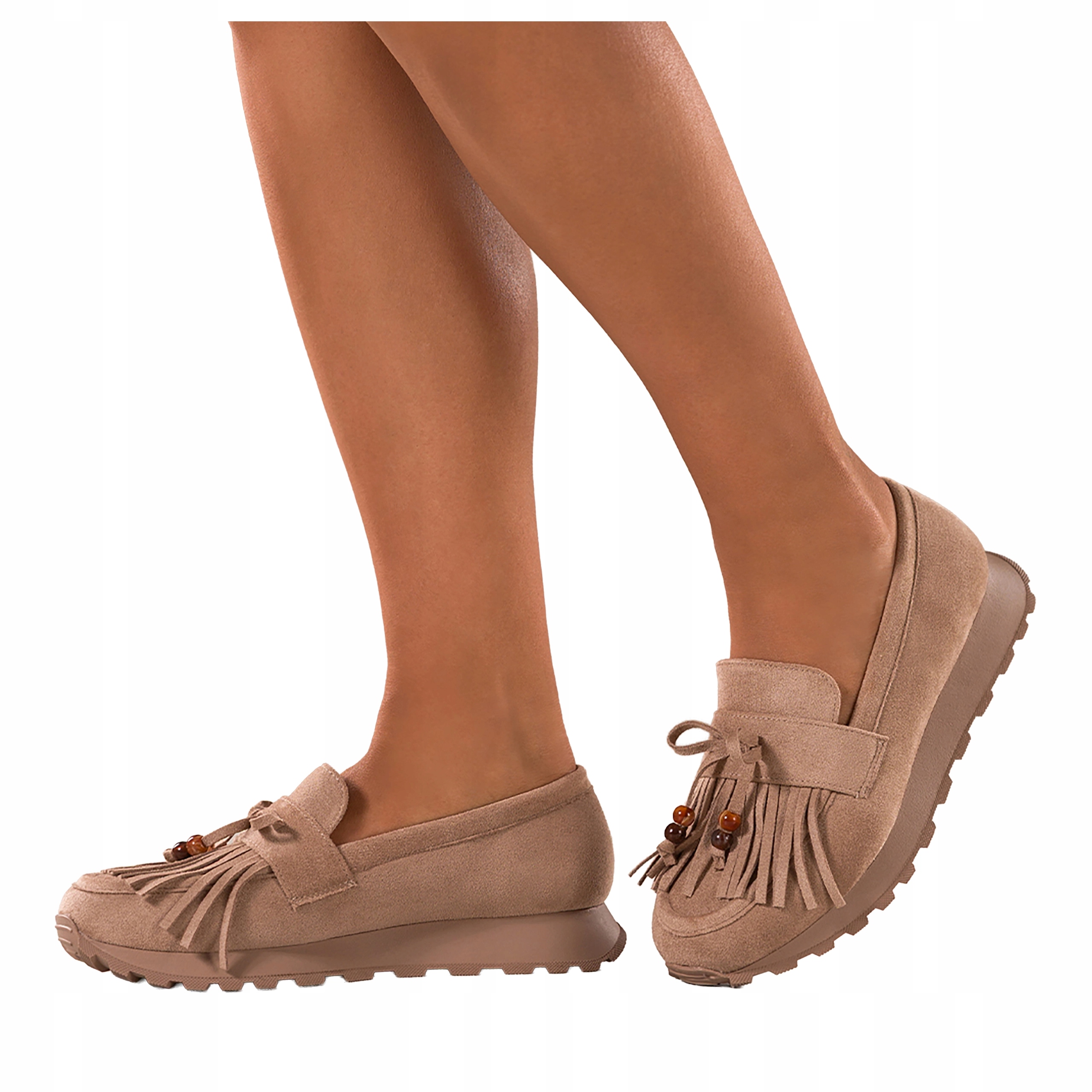 Mokasíny Béžové Dámské Ozdobné Třásně Na Platformě Mašle Korálky vel 38