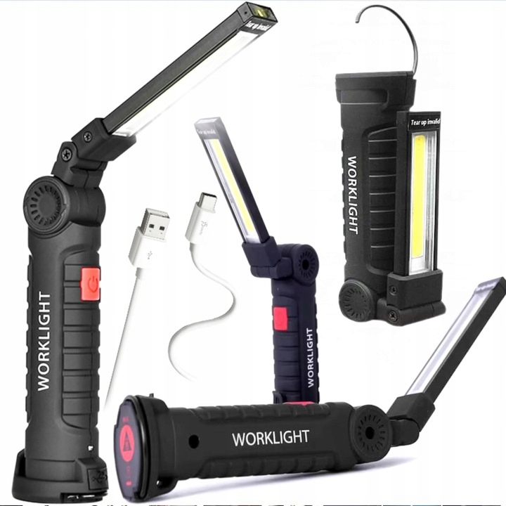Lampa Warsztatowa Latarka Led Cob Akumulatorowa 5 Trybów Z Magnesem Hakiem