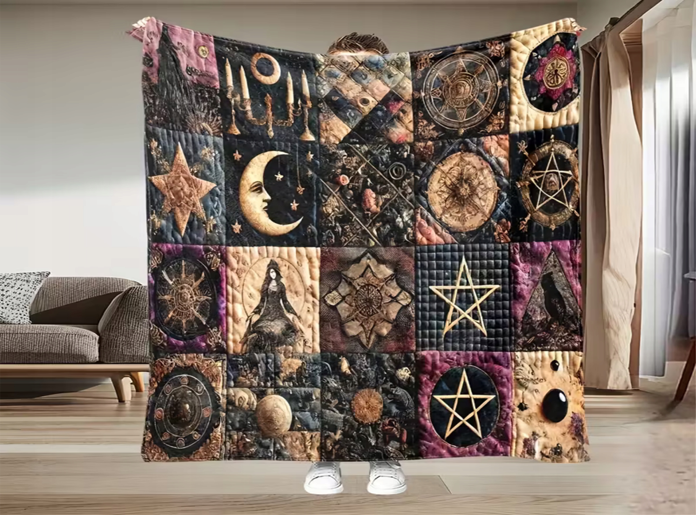 Deka Pentagram čarodějnice Wednesday Goth jako patchwork Gotika 150 x 200 cm