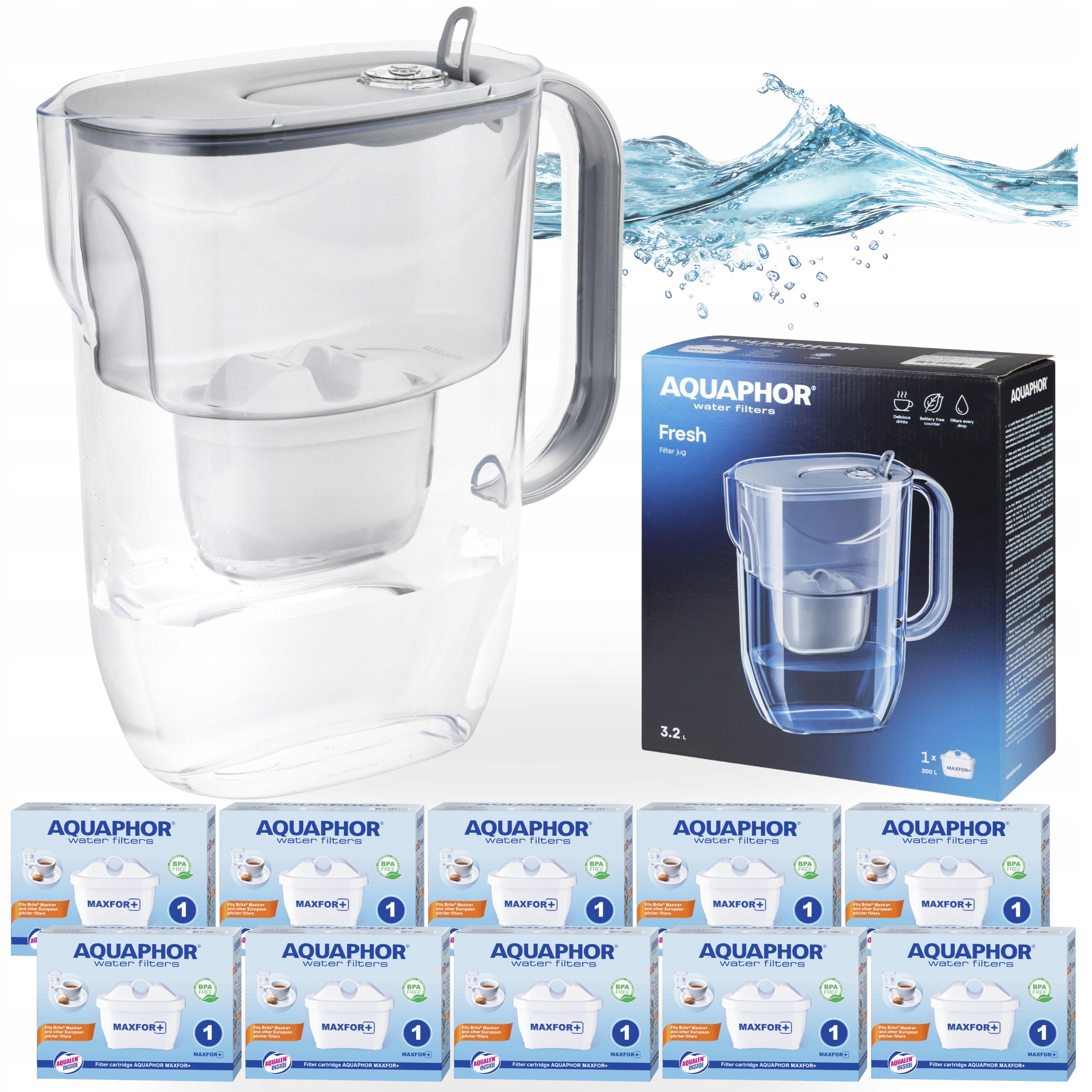 Filtrační konvice na vodu Aquaphor Fresh 3,2L Šedá s 10 vložkami Maxfor+