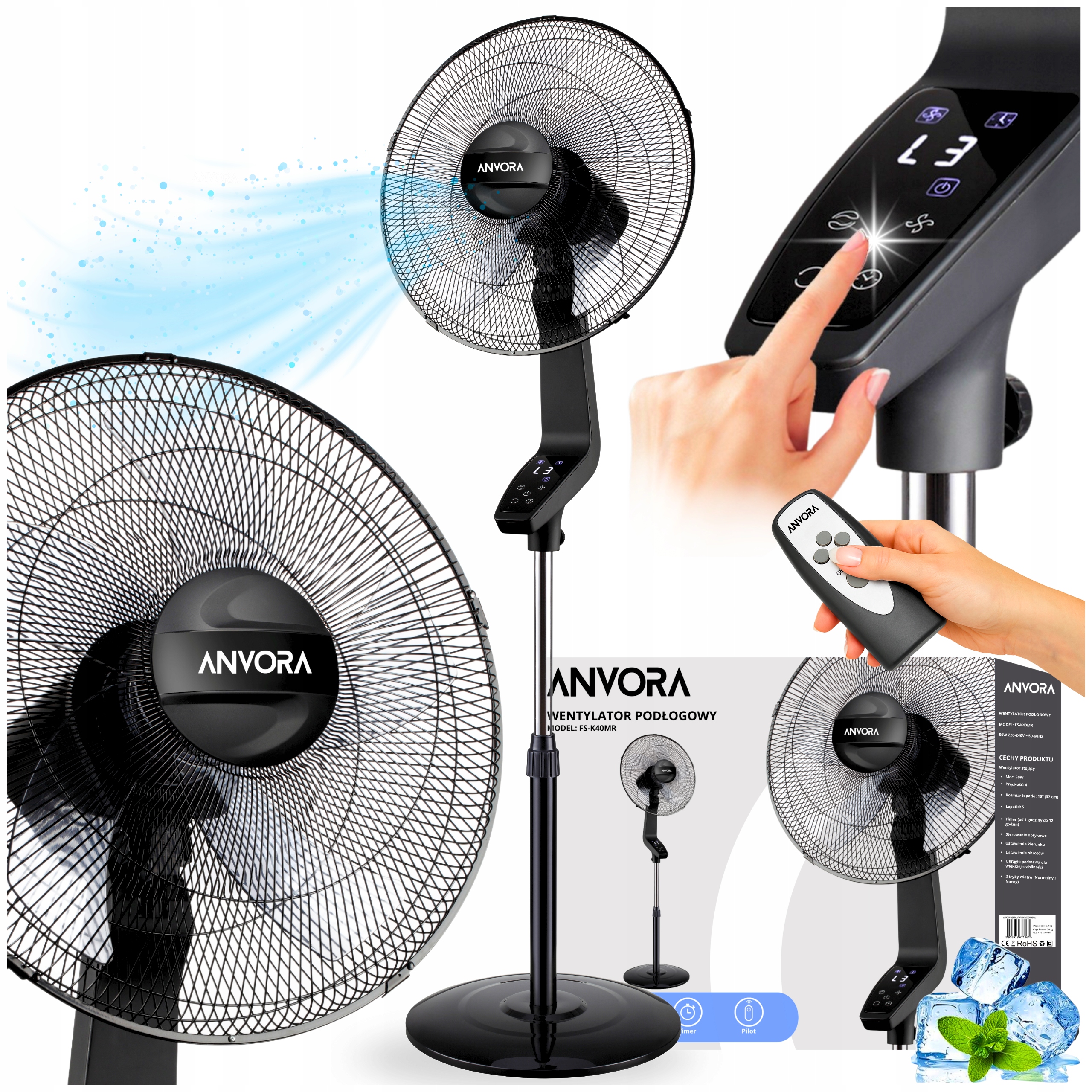 Stojanový Ventilátor, Podlahový Ventilátor, Tichý, Výkonný, S Oscilací 50 W, Černý