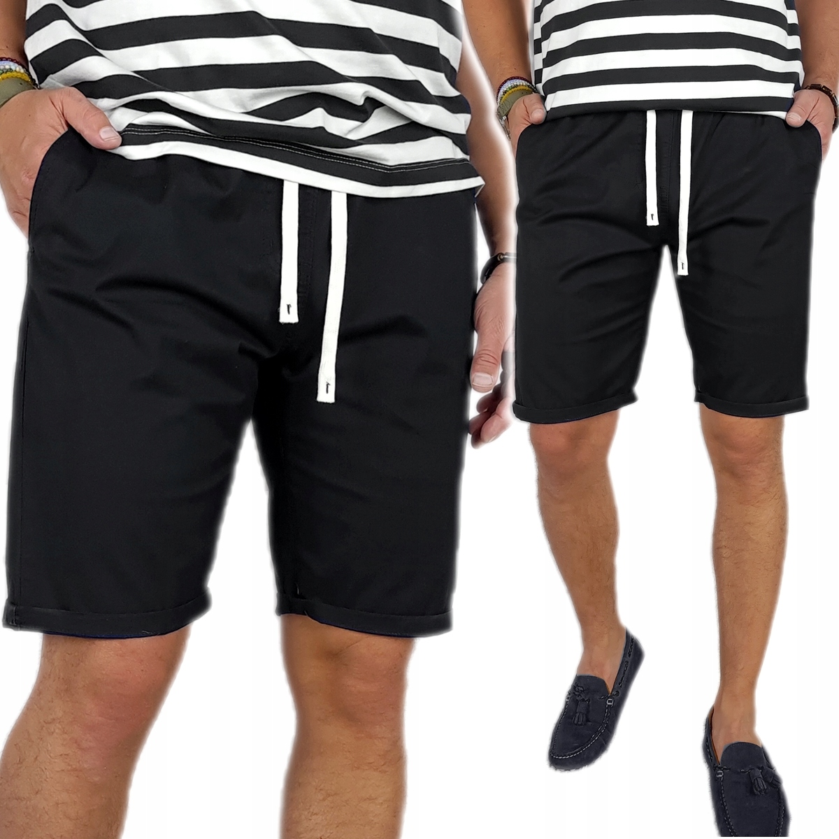 Krátké Kraťasy Pánské kalhoty Černé Klasické Elegantní Pas S Gumičkou XL