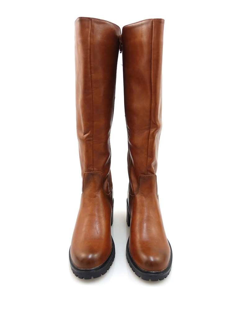 DAMSKIE KOZAKI BRĄZOWE CAMELOWE Z EKOSKÓRY NA OBCASIE PLATFORMA 37 Model JW18