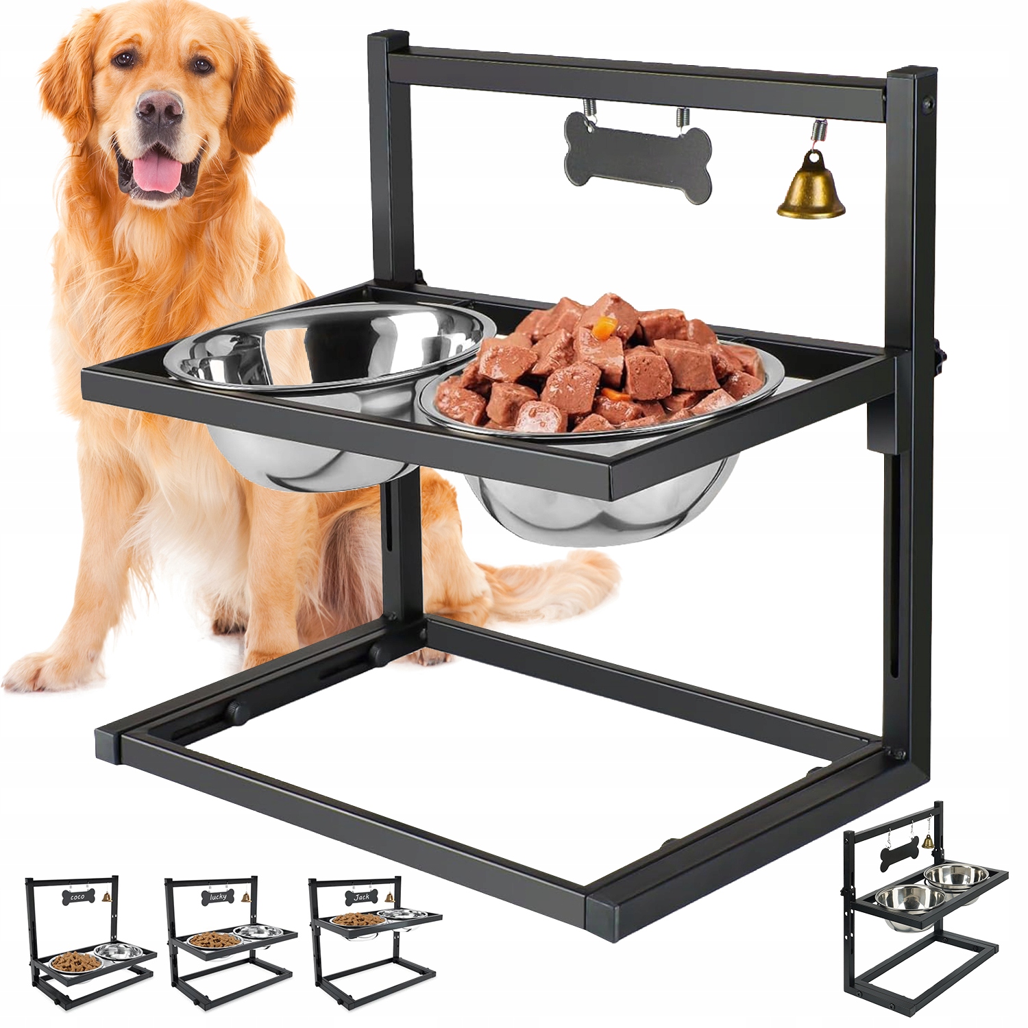 Levně Stojan Na Misky Pro Psa Velké, Střední S Zvonkem, Nastavitelná Výška