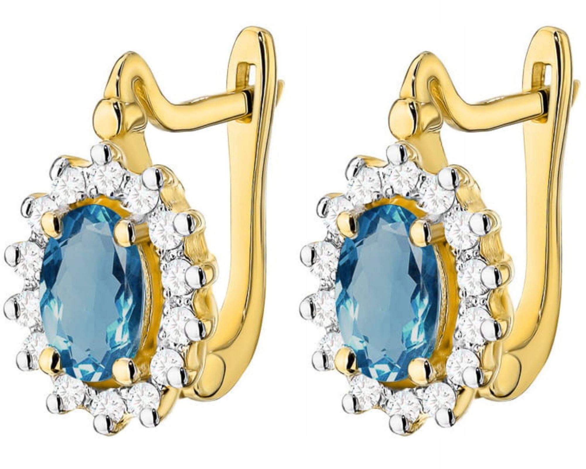 Zlaté Náušnice 585 S Modrým Kamenem Topaz London Blue Brilianty Gravírování