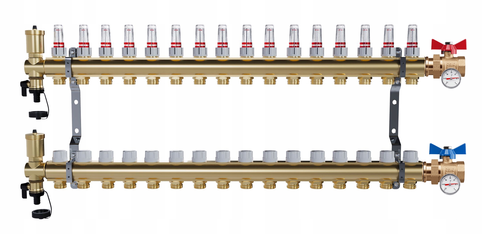 Rozdělovač Pro Podlahovku 16 Okruhů Jednoduchý Kulový Ventil Teploměr