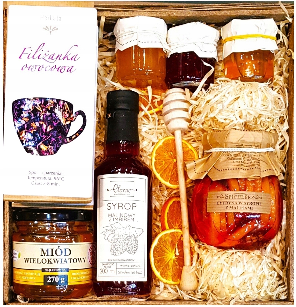 Levně Dárkový koš Dárková Sada Dárek Dárkové Balení Čaje Citron Malina Med Sirup