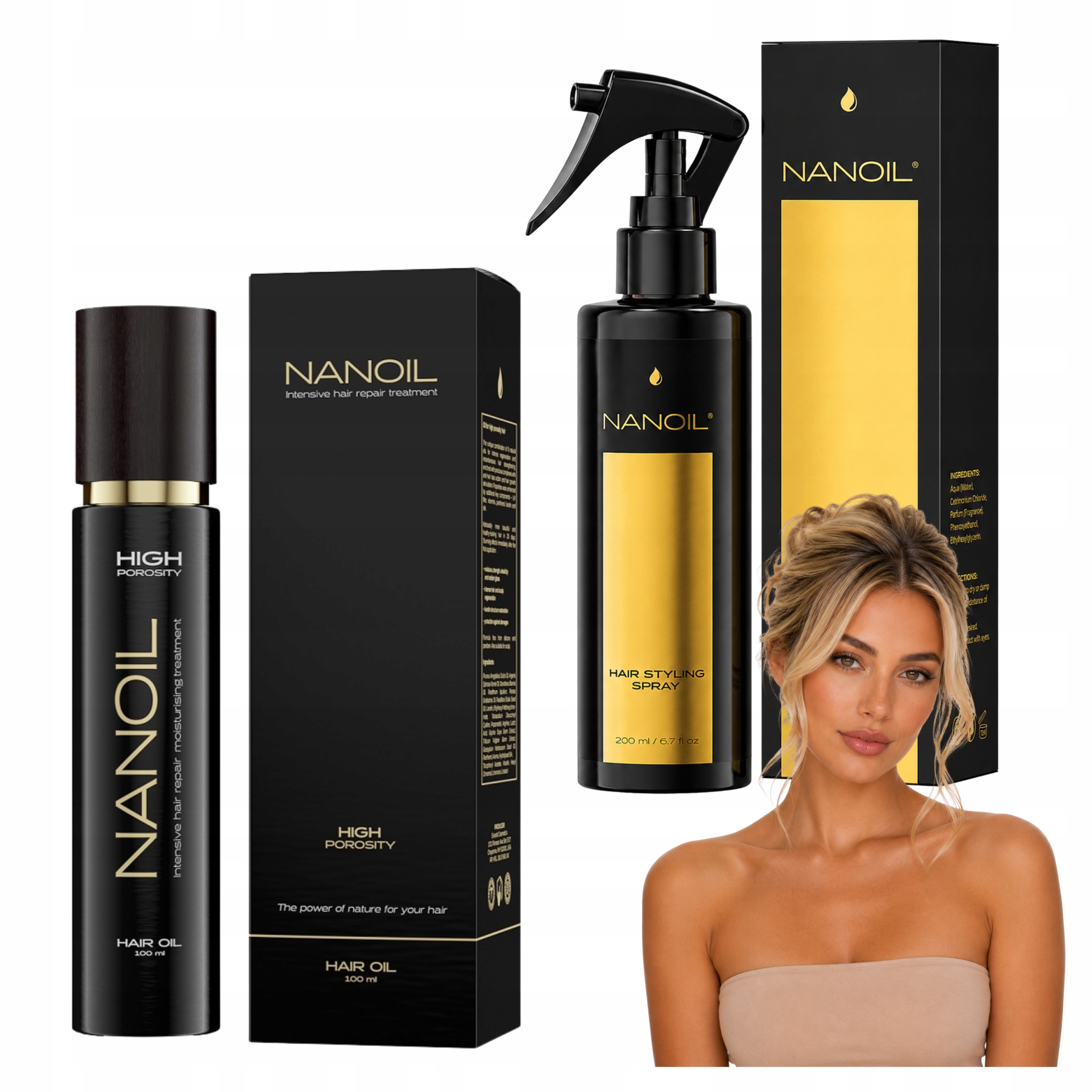 Olej na vysoce porézní vlasy Nanoil 100 ml a stylingový sprej 200 Ml