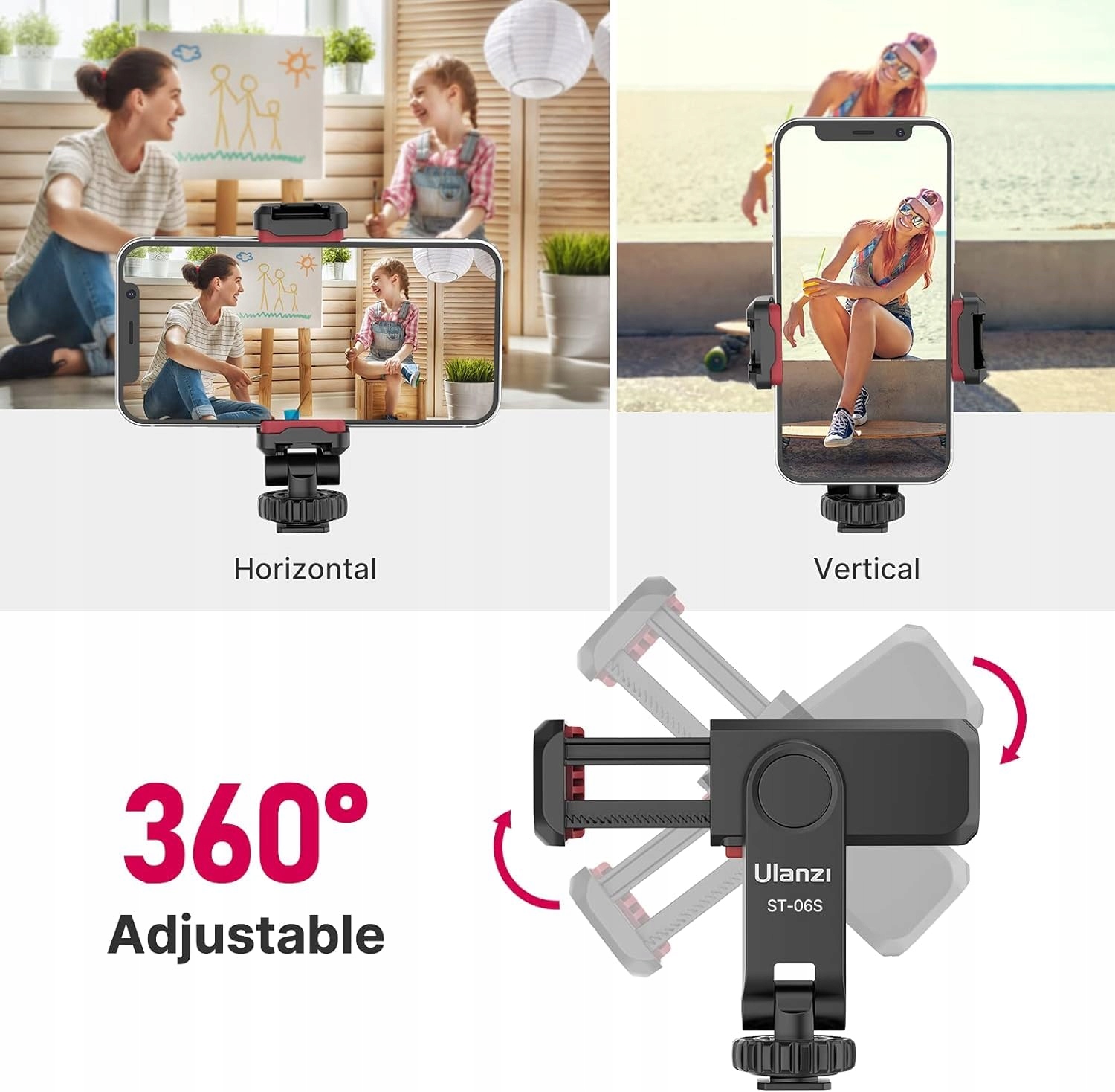 ULANZI ST-06S Uchwyt Telefonu Adapter Statyw Tripod Selfie Stick 360° 180° — miniatura 3