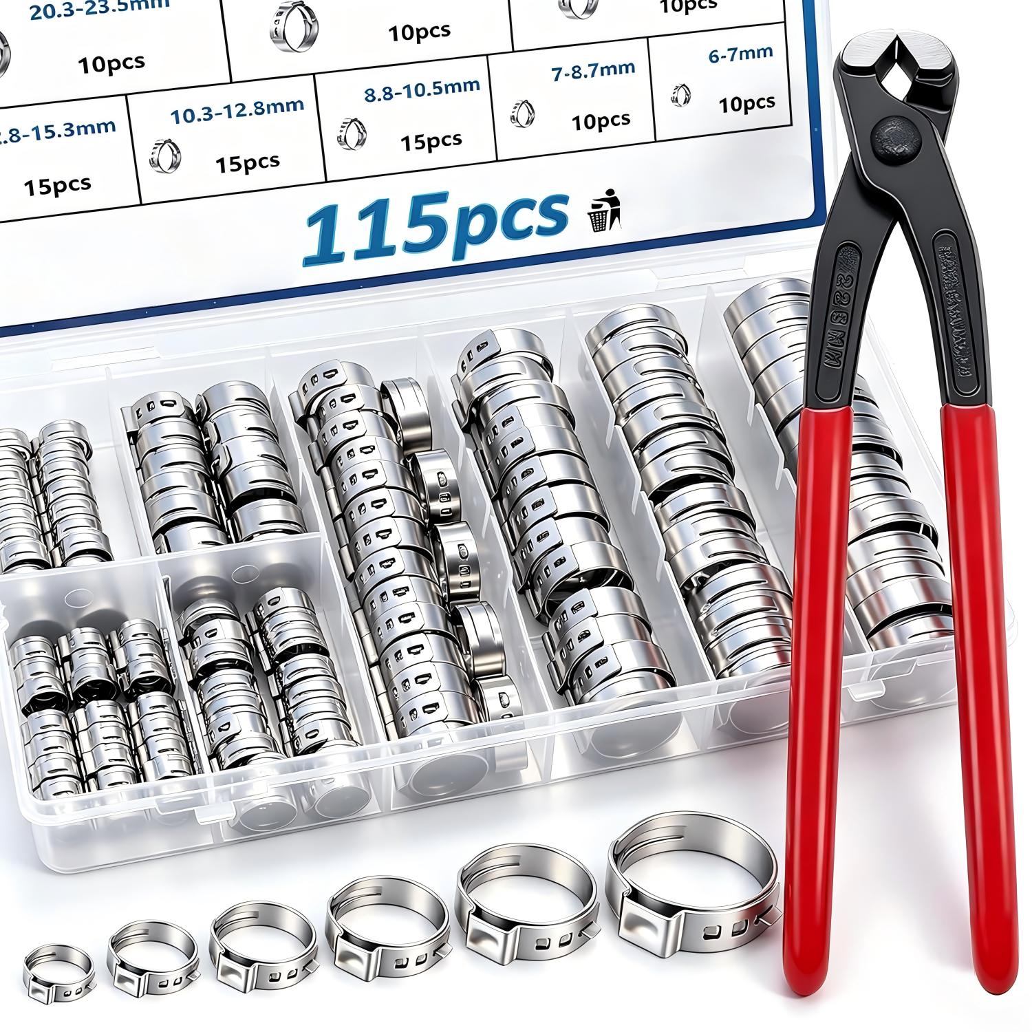 Zestaw Stalowych Obejm Zaciskowych Ślimakowych 6-28.6MM, 115 Sztuk