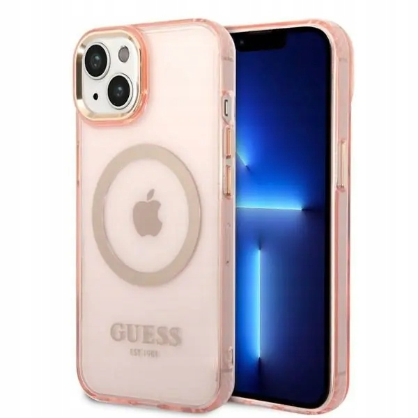Etui Guess Gold Outline Translucent MagSafe na iPhone 14 Plus różowe
